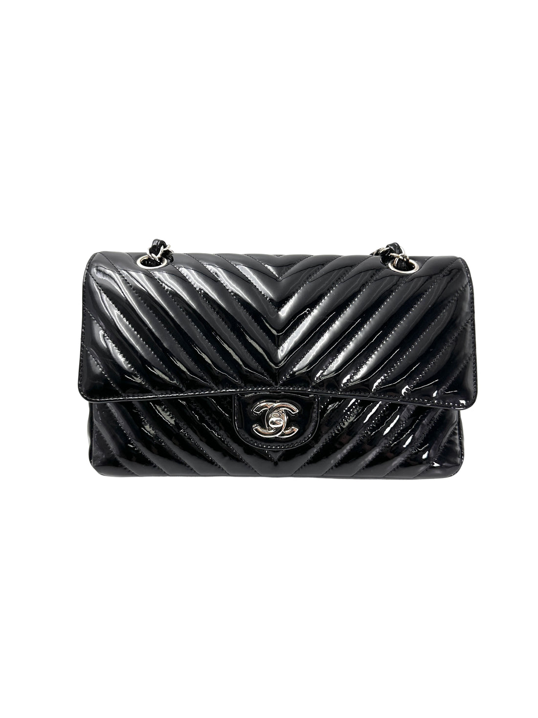Chanel Classic Flap Black Chevron Quilted Patent Leather Medium Size Shoulder Bag With Silver Buckle(24***71) IRIS219