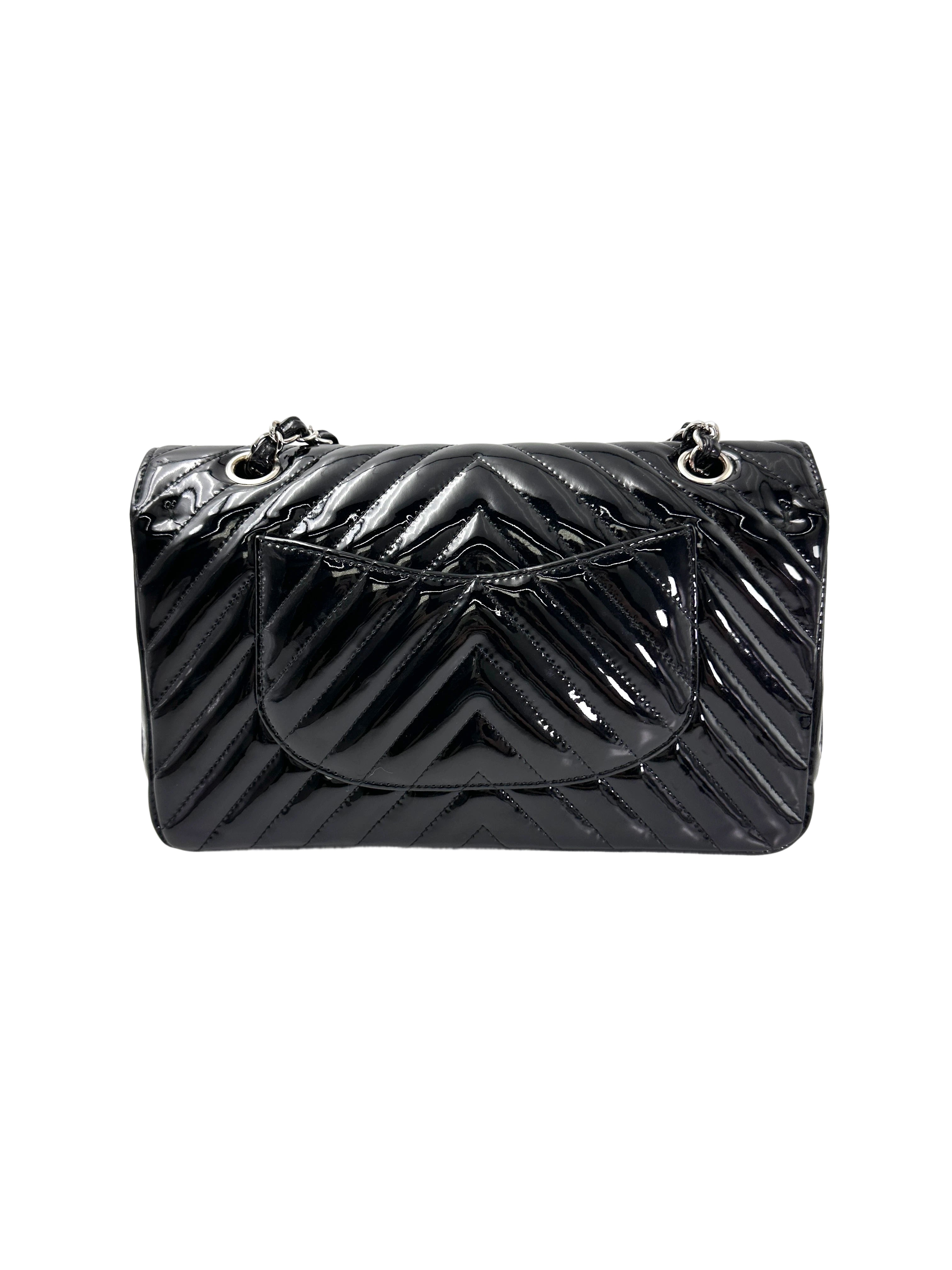 Chanel Classic Flap Black Chevron Quilted Patent Leather Medium Size Shoulder Bag With Silver Buckle(24***71) IRIS219