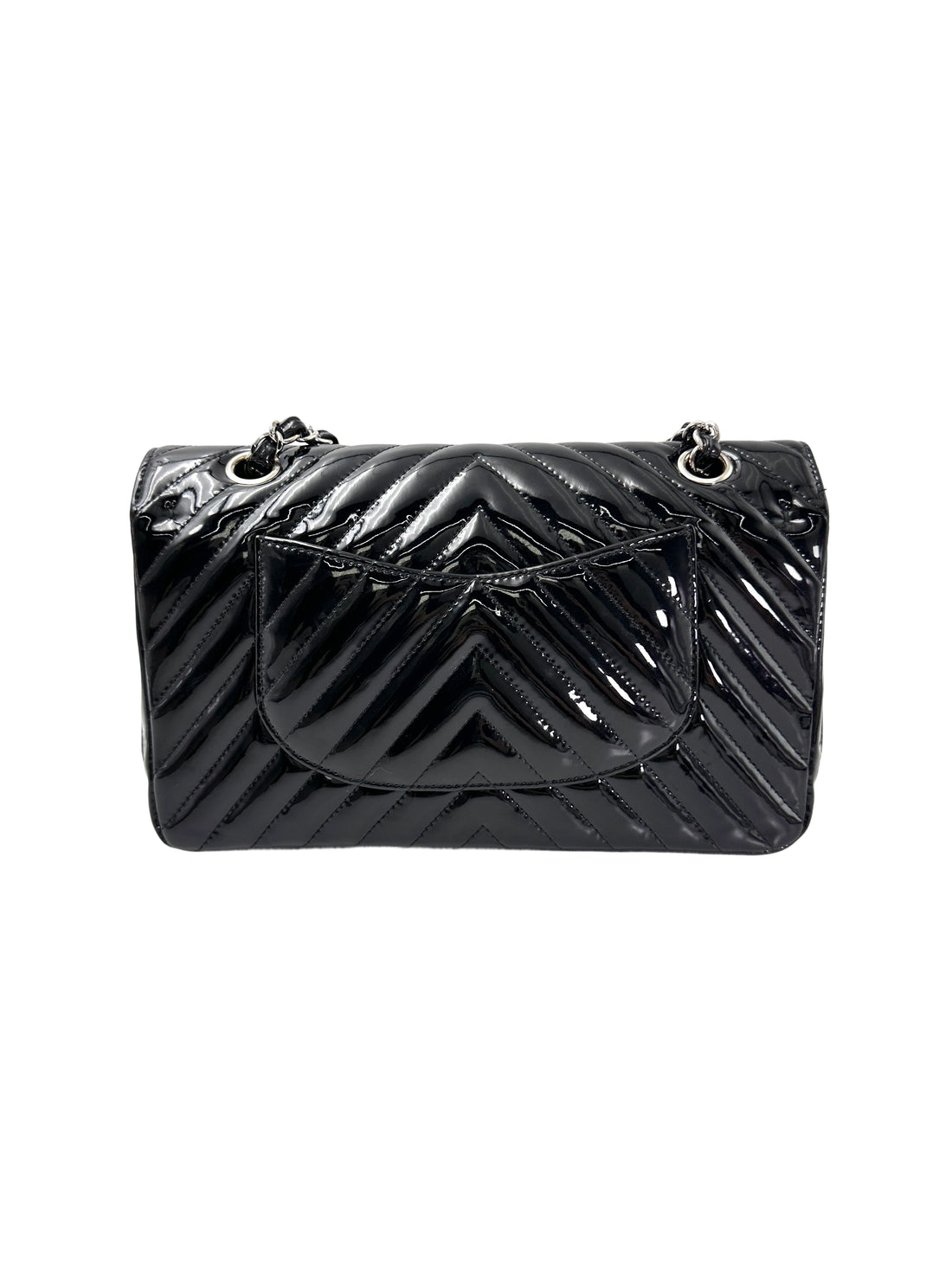 Chanel Classic Flap Black Chevron Quilted Patent Leather Medium Size Shoulder Bag With Silver Buckle(24***71) IRIS219
