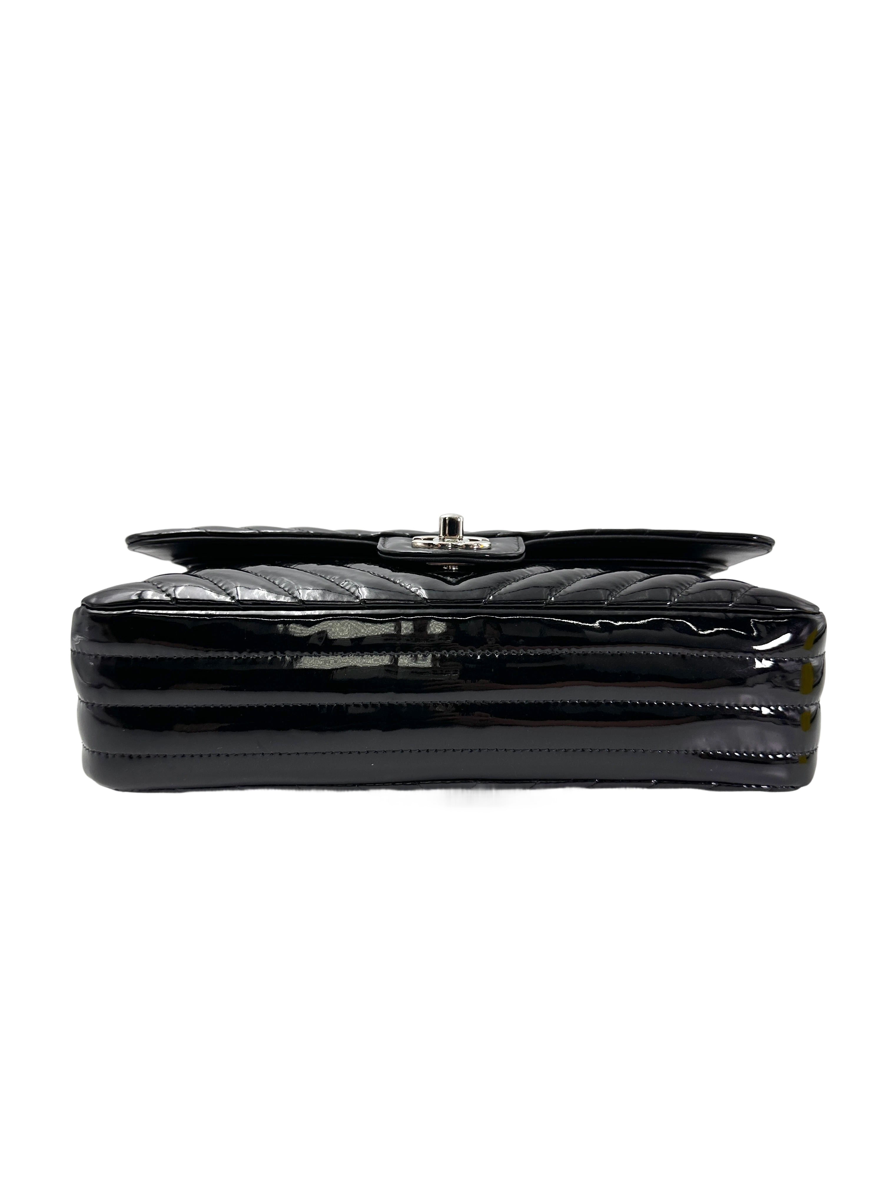 Chanel Classic Flap Black Chevron Quilted Patent Leather Medium Size Shoulder Bag With Silver Buckle(24***71) IRIS219