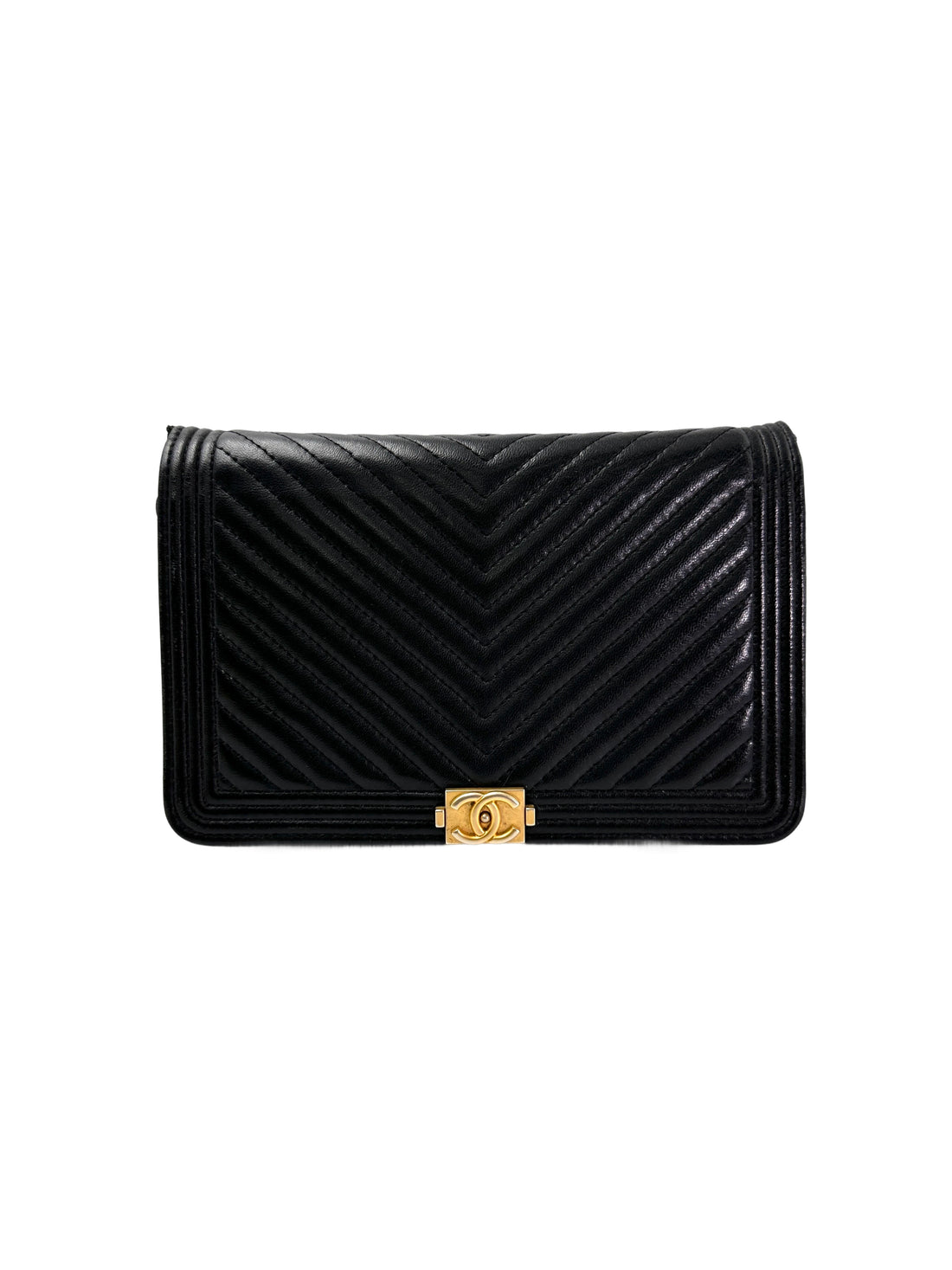 Chanel LeBoy Black Chevron Quilted Wallet On Chain With Gold Buckle(25***87) CC1957