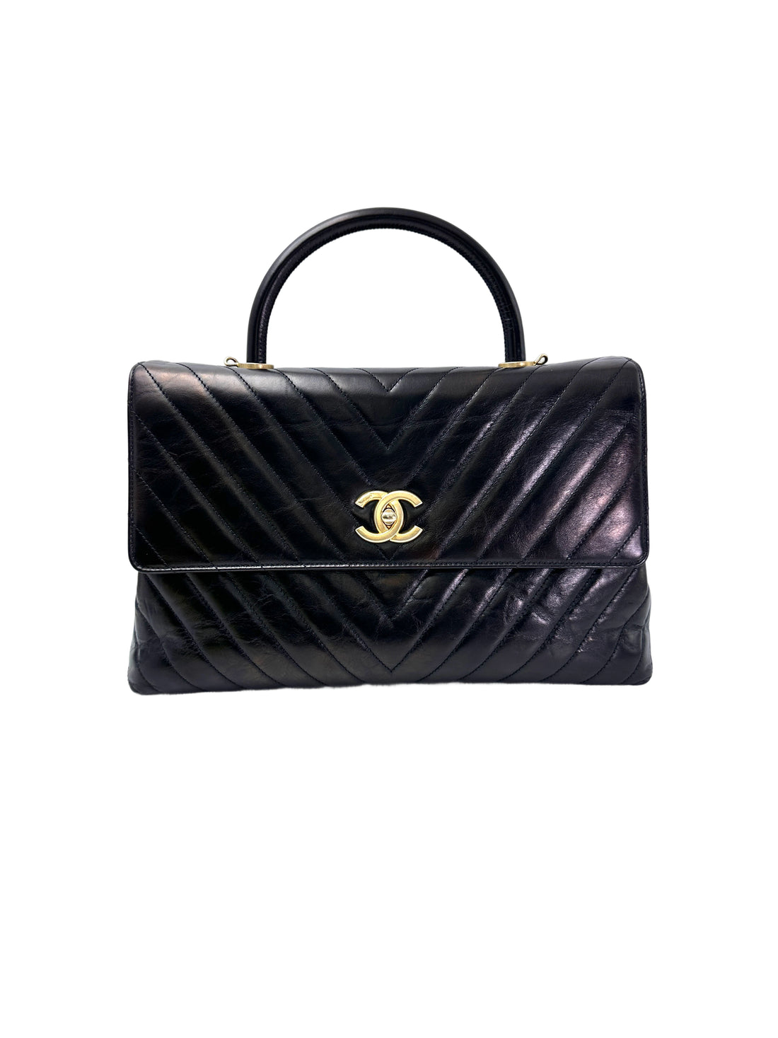 Chanel CoCo Handle Black Chevron Quilted Calfskin Large Size Shoulder Bag(24***06) CC1958