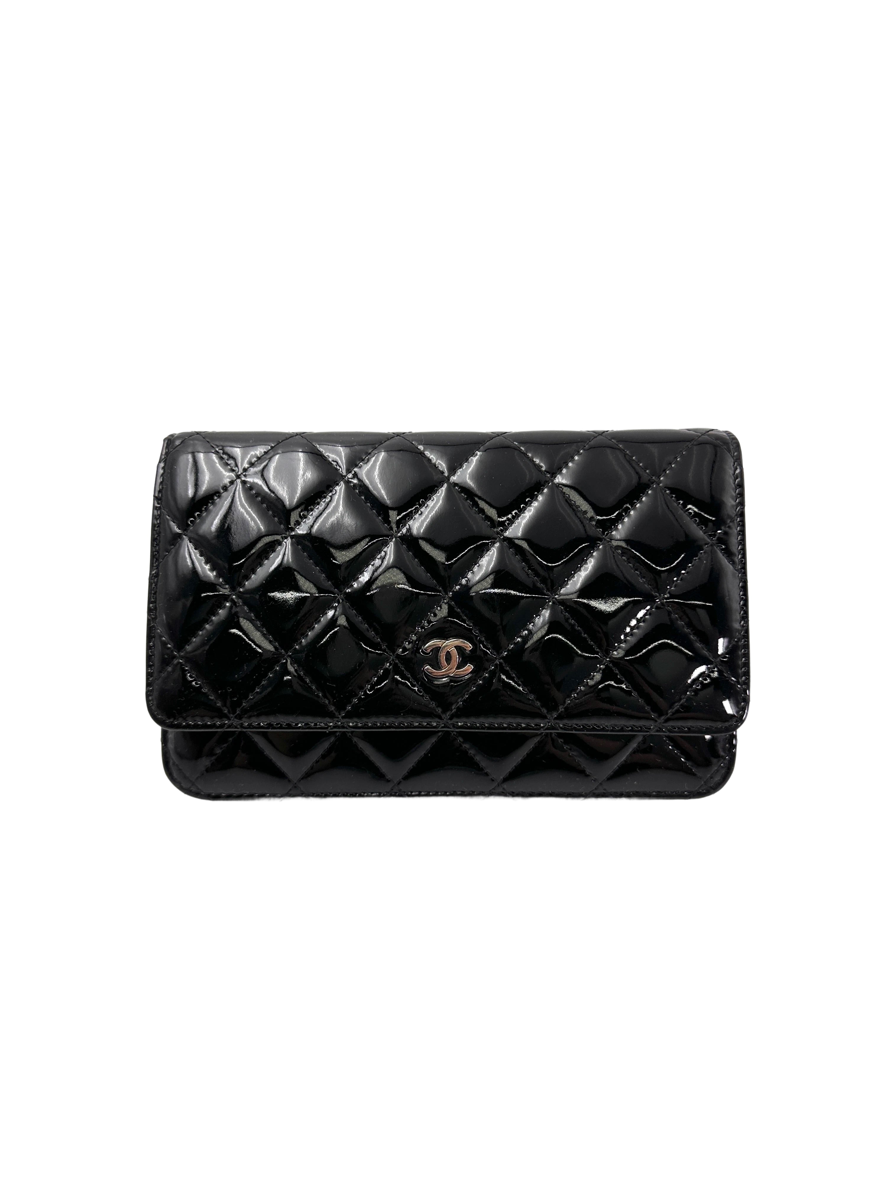 Chanel Black Quilted Patent Leather Wallet On Chain With Silver Buckle(20***91) CC1959