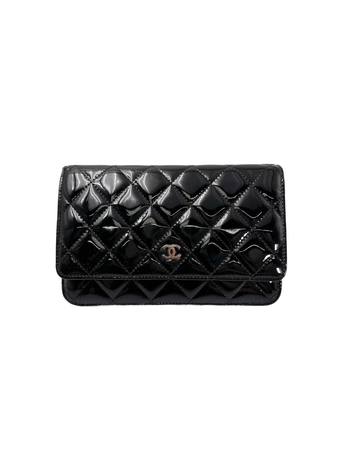 Chanel Black Quilted Patent Leather Wallet On Chain With Silver Buckle(20***91) CC1959