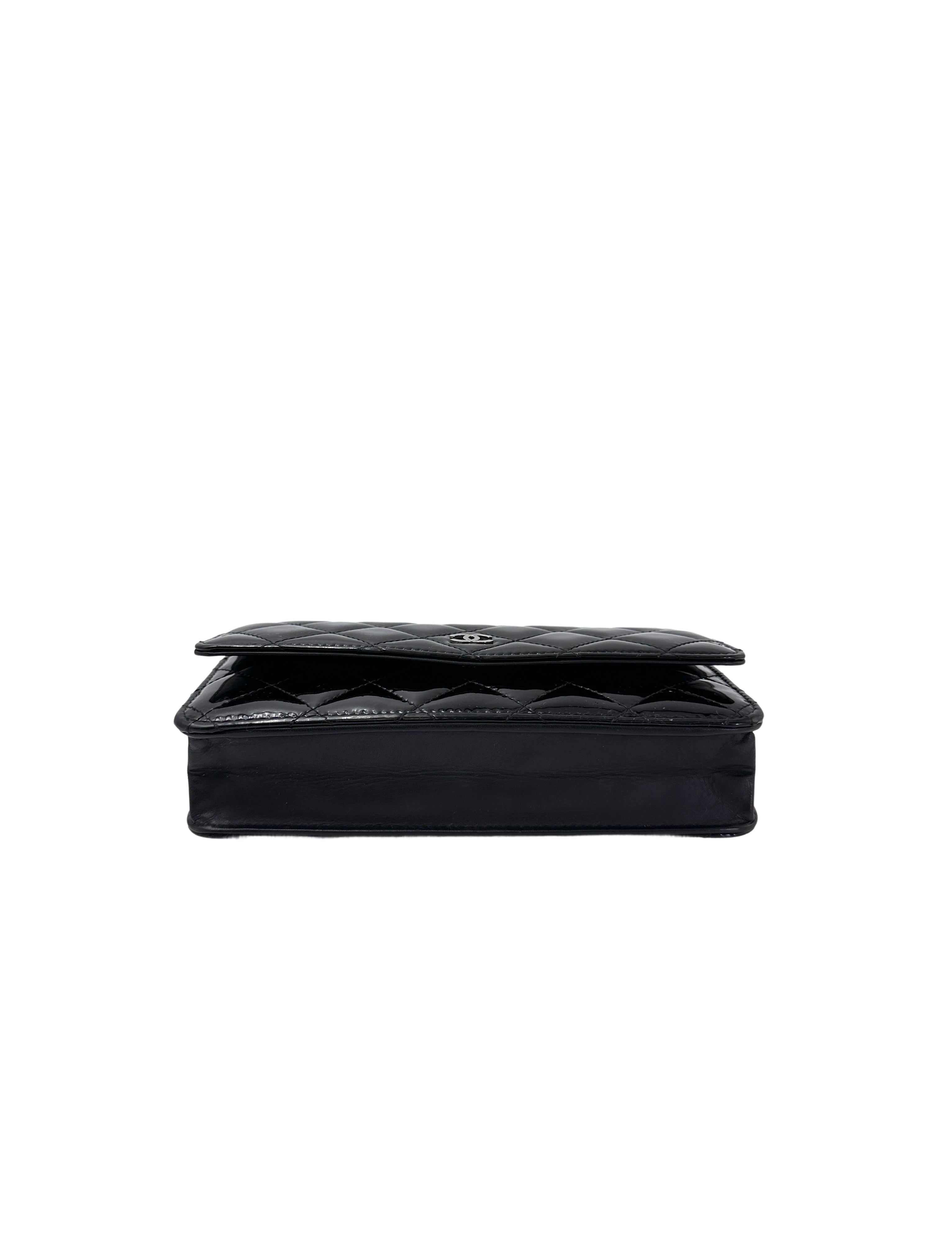 Chanel Black Quilted Patent Leather Wallet On Chain With Silver Buckle(20***91) CC1959