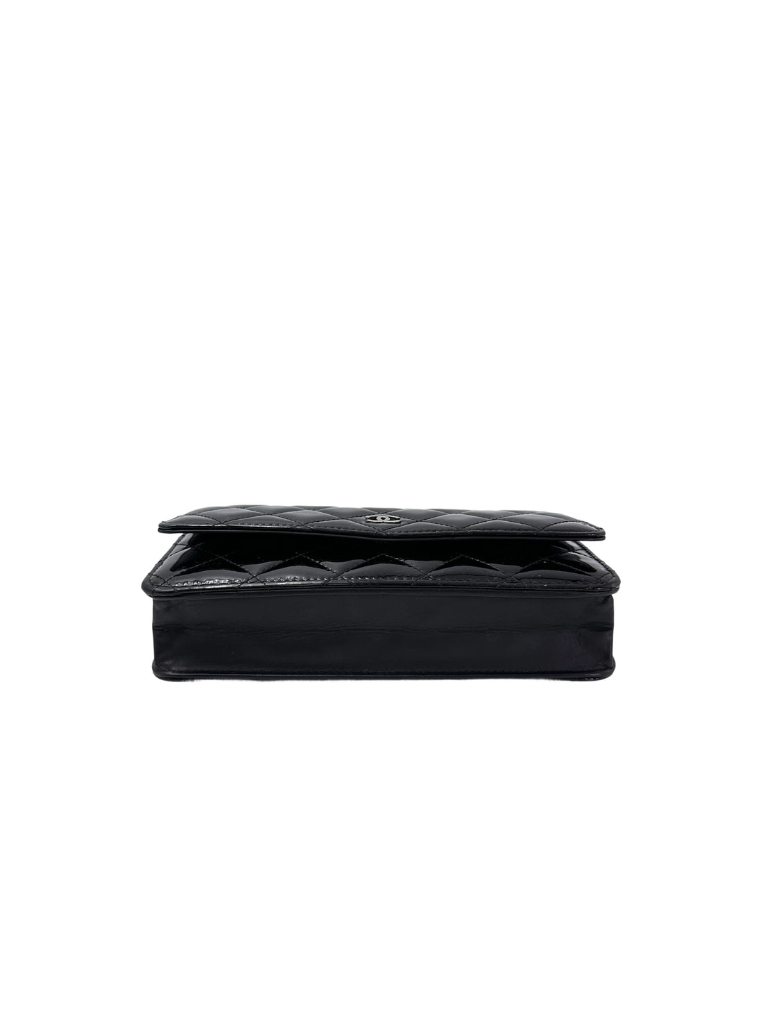 Chanel Black Quilted Patent Leather Wallet On Chain With Silver Buckle(20***91) CC1959