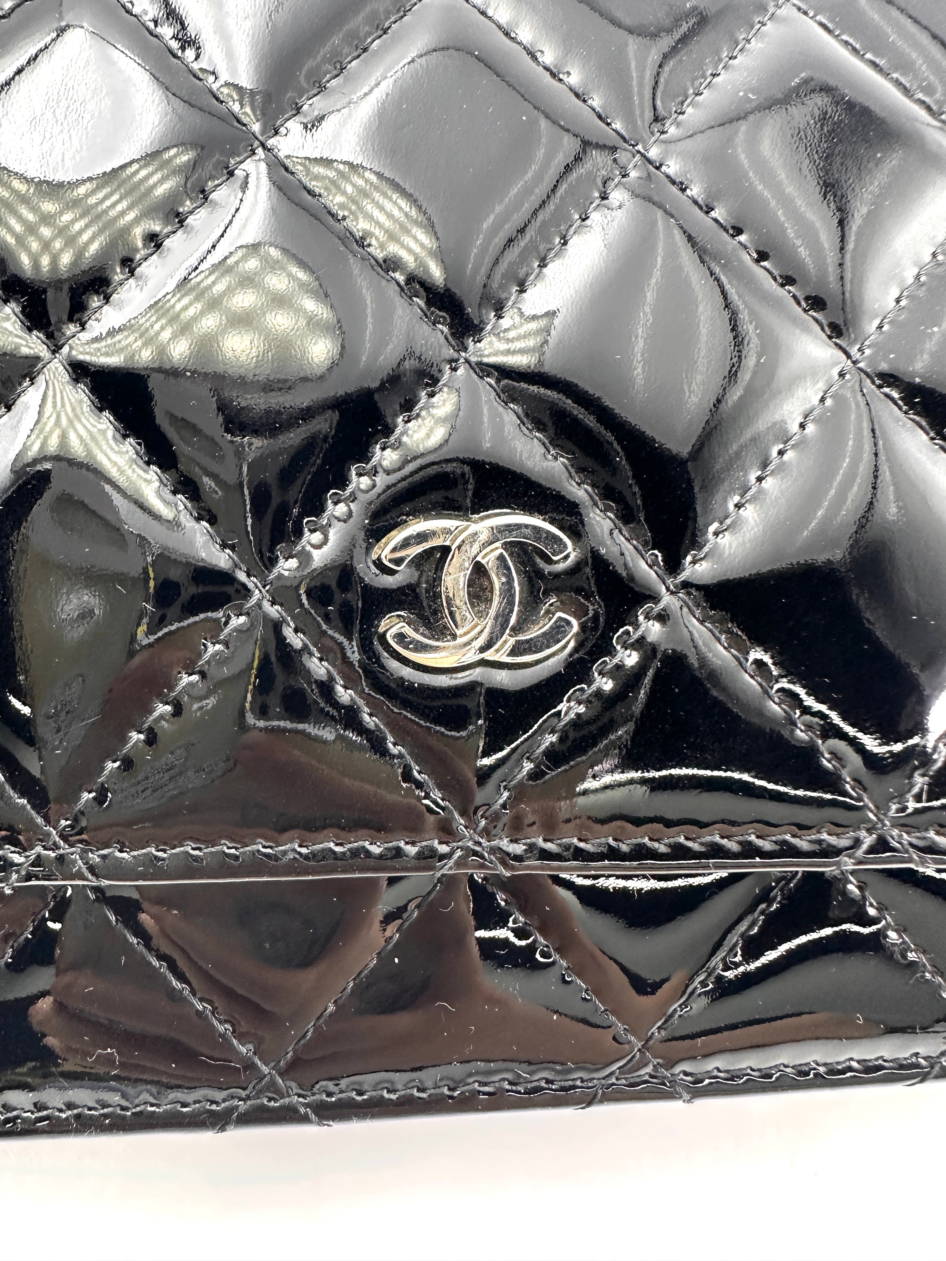 Chanel Black Quilted Patent Leather Wallet On Chain With Silver Buckle(20***91) CC1959
