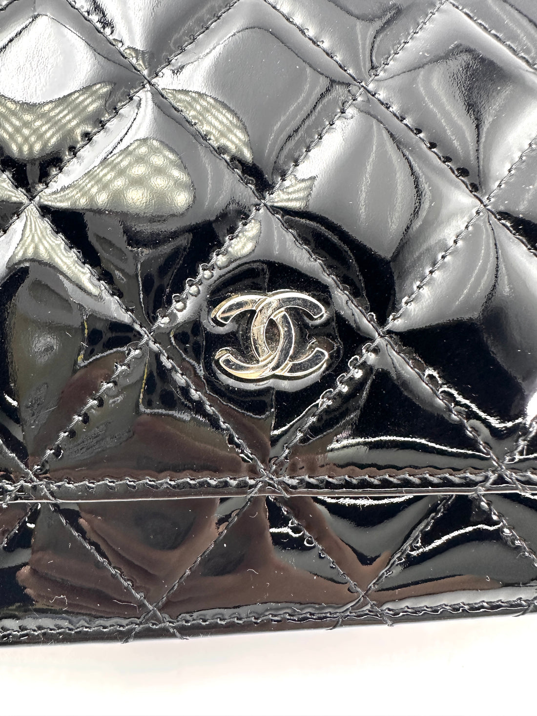 Chanel Black Quilted Patent Leather Wallet On Chain With Silver Buckle(20***91) CC1959