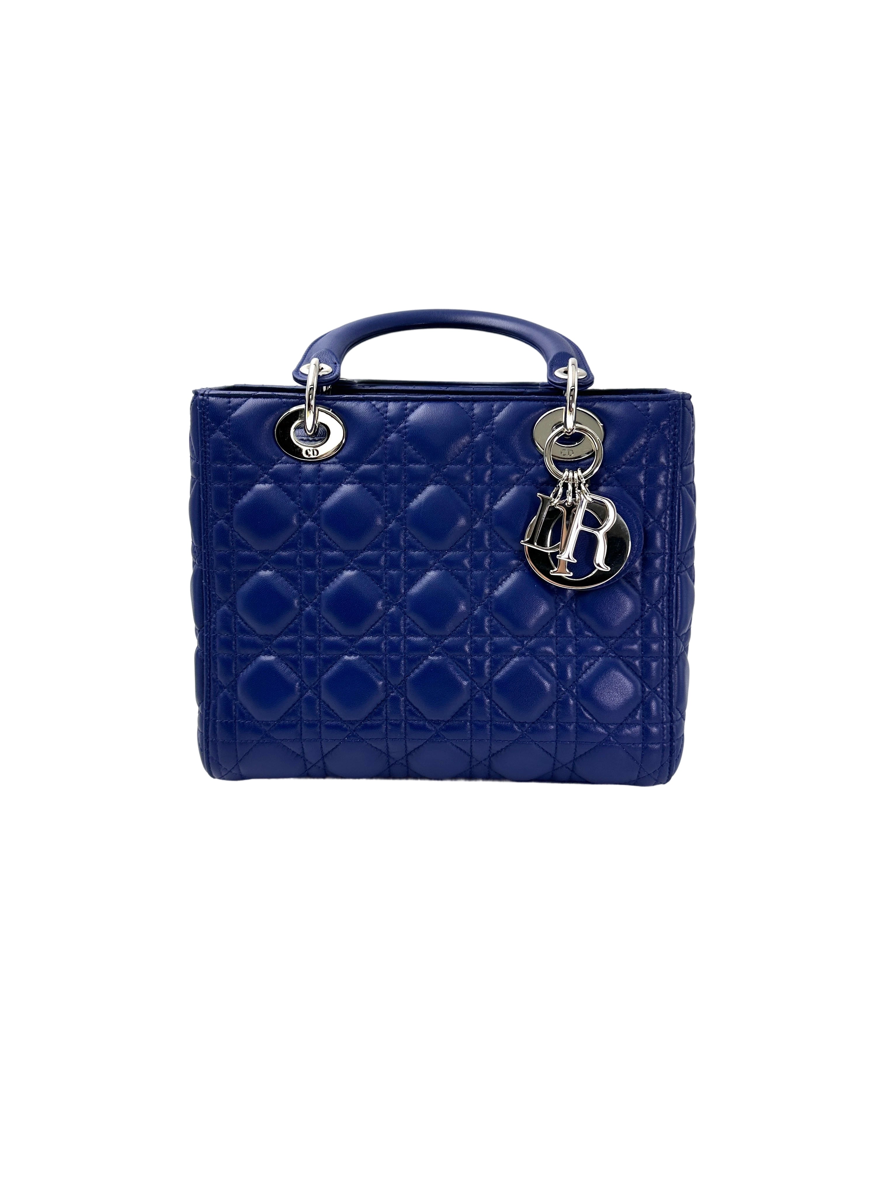 Christian Dior Lady Dior Blue Cannage Leather Handle Bag With Silver Charms DR731
