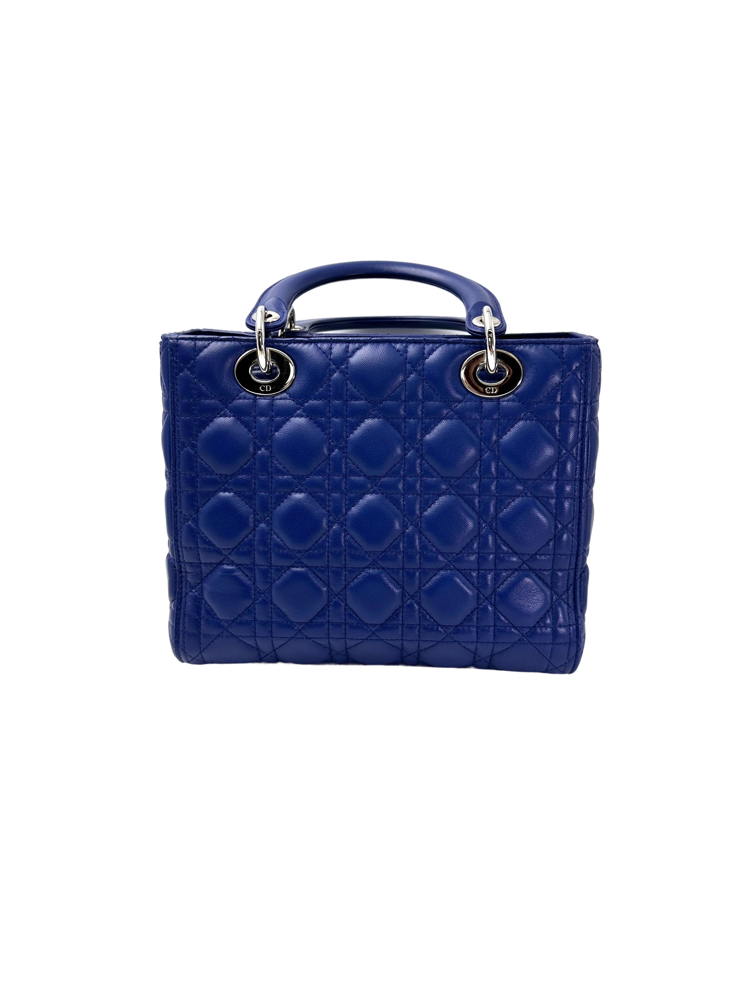 Christian Dior Lady Dior Blue Cannage Leather Handle Bag With Silver Charms DR731