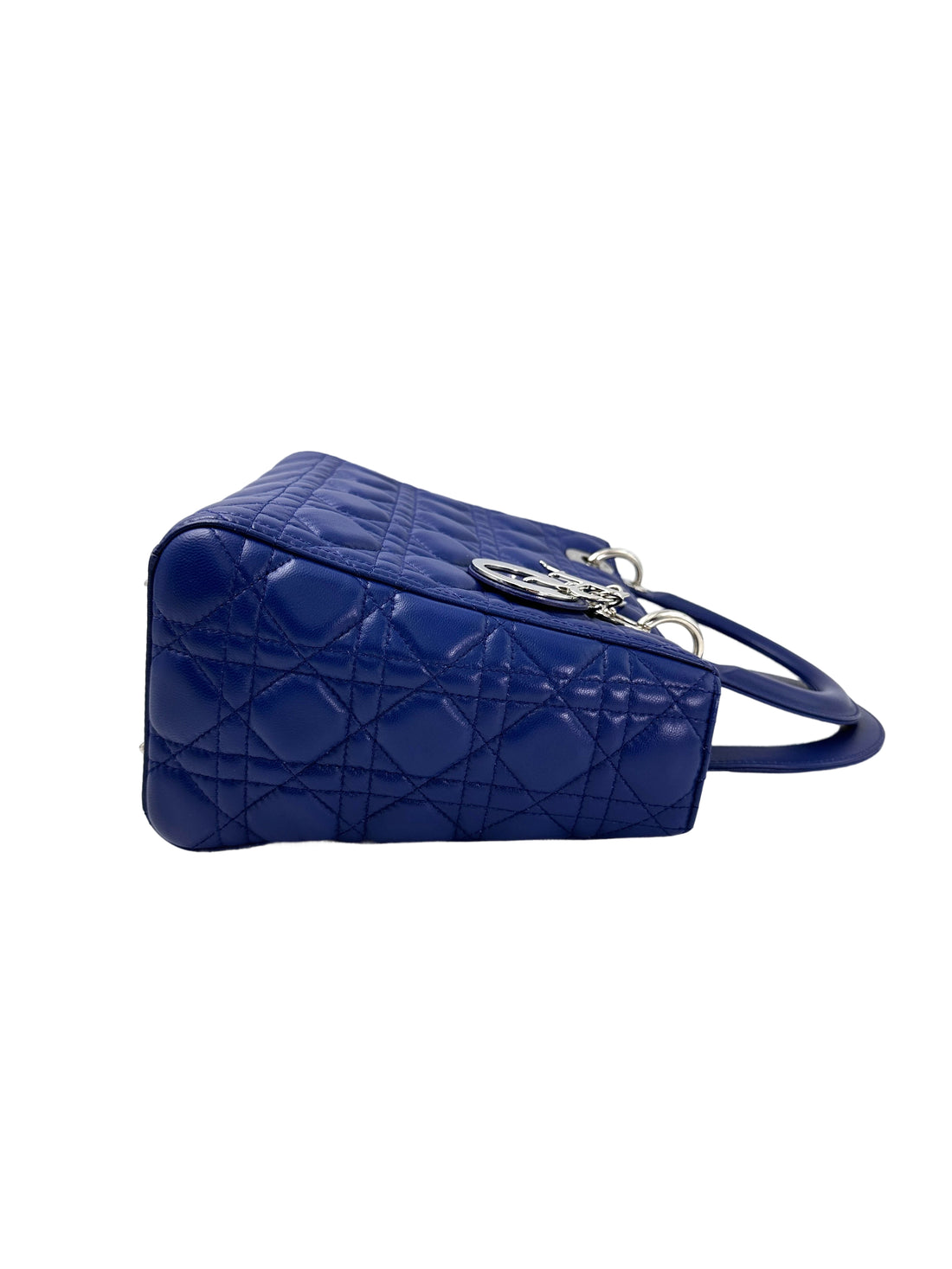 Christian Dior Lady Dior Blue Cannage Leather Handle Bag With Silver Charms DR731