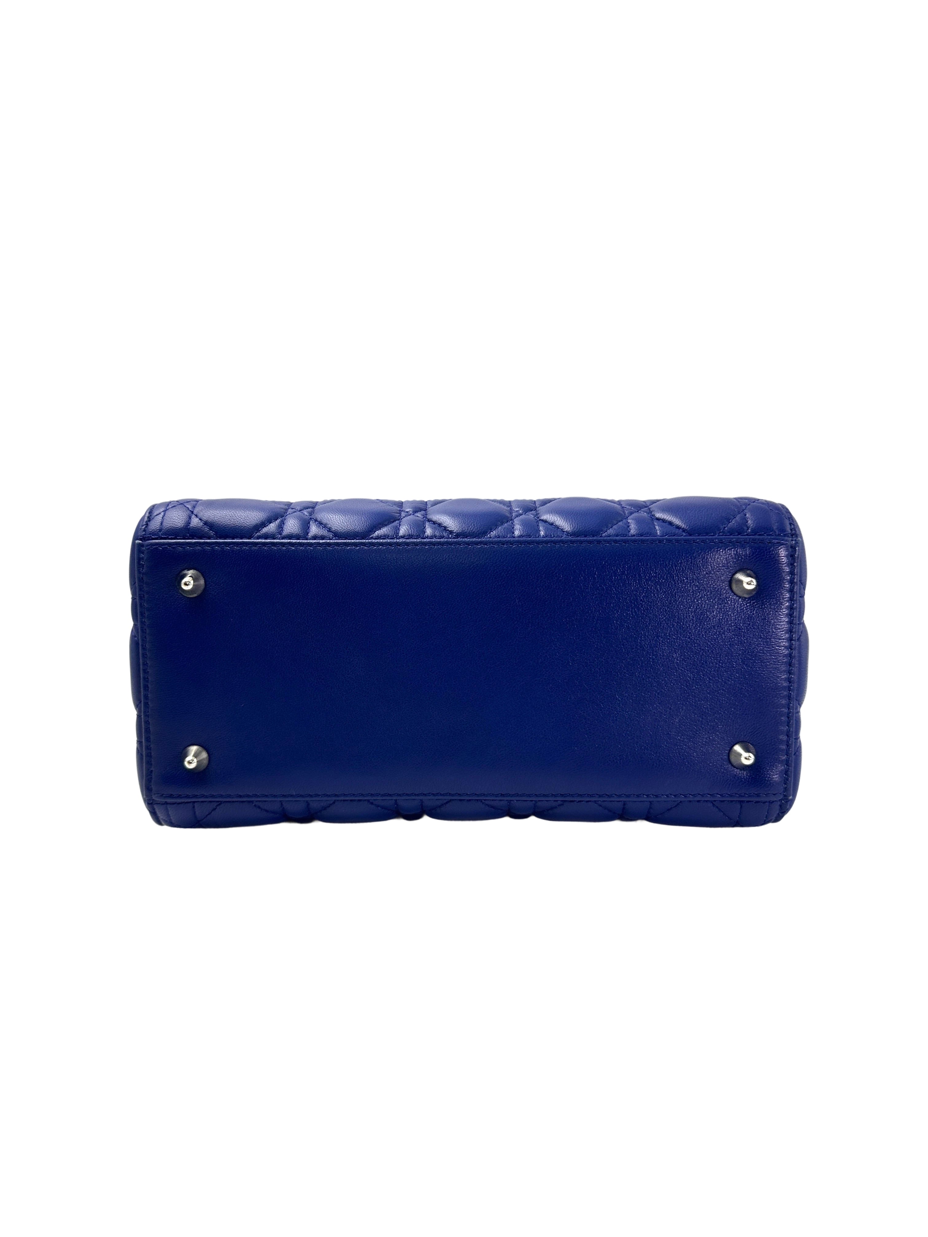Christian Dior Lady Dior Blue Cannage Leather Handle Bag With Silver Charms DR731