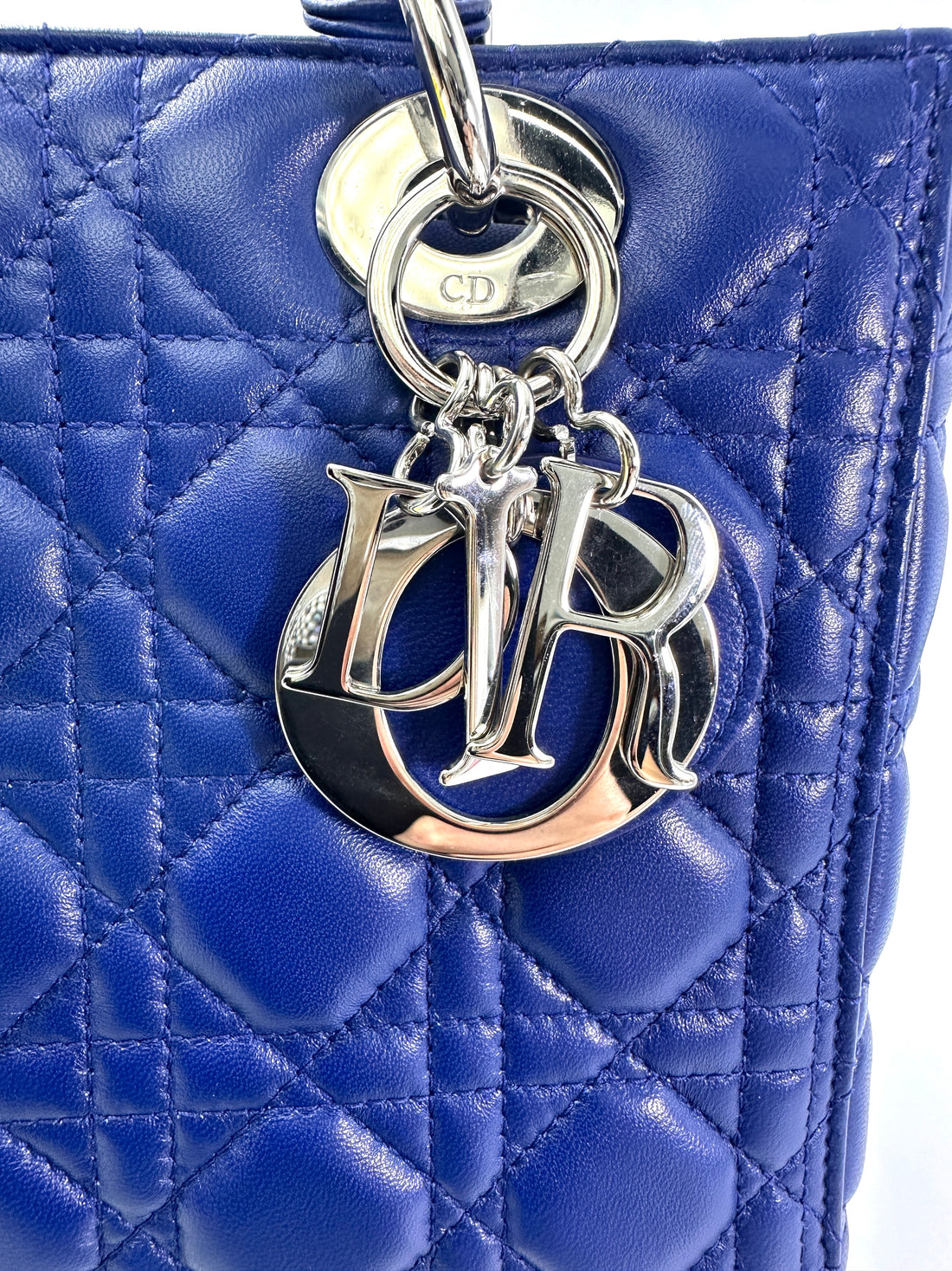 Christian Dior Lady Dior Blue Cannage Leather Handle Bag With Silver Charms DR731