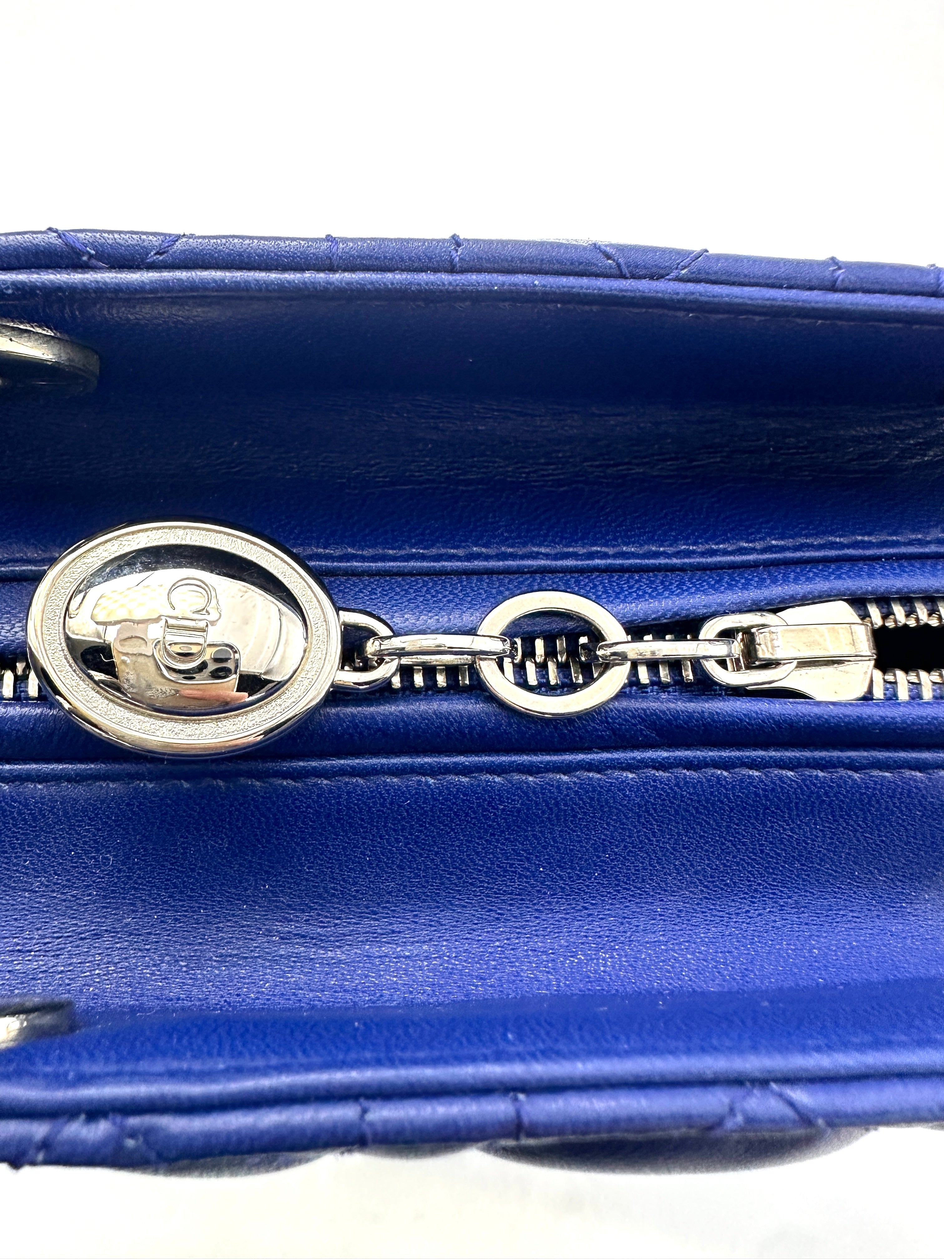 Christian Dior Lady Dior Blue Cannage Leather Handle Bag With Silver Charms DR731