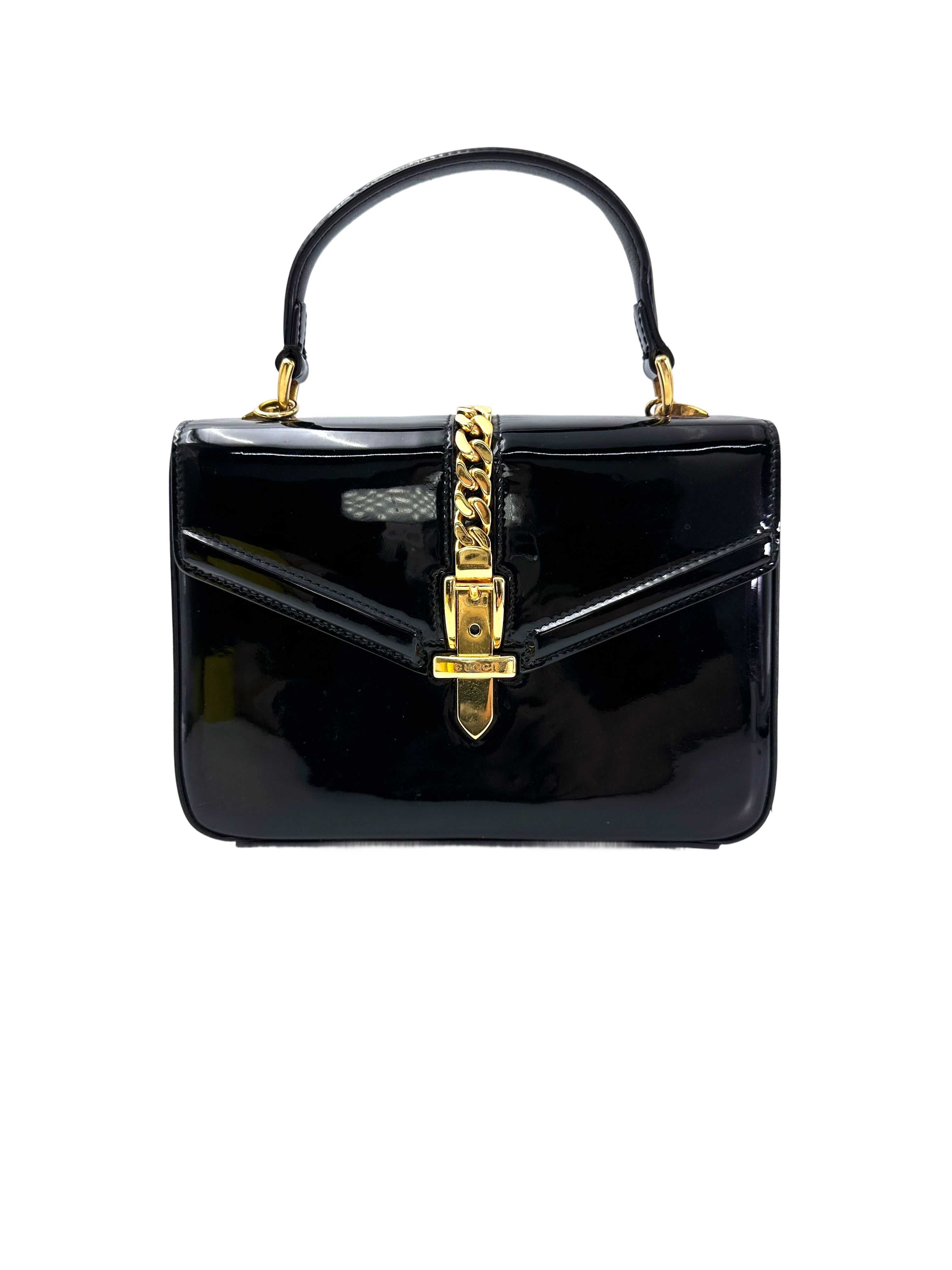 Gucci Sylvie 1969 Black Patent Leather Handle Bag GG988