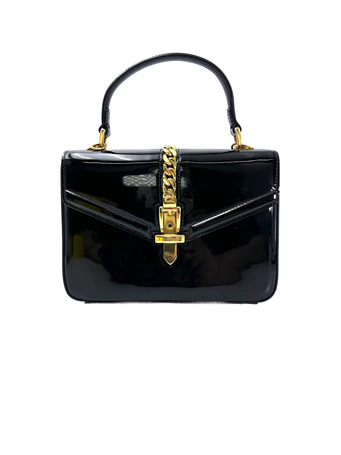 Gucci Sylvie 1969 Black Patent Leather Handle Bag GG988