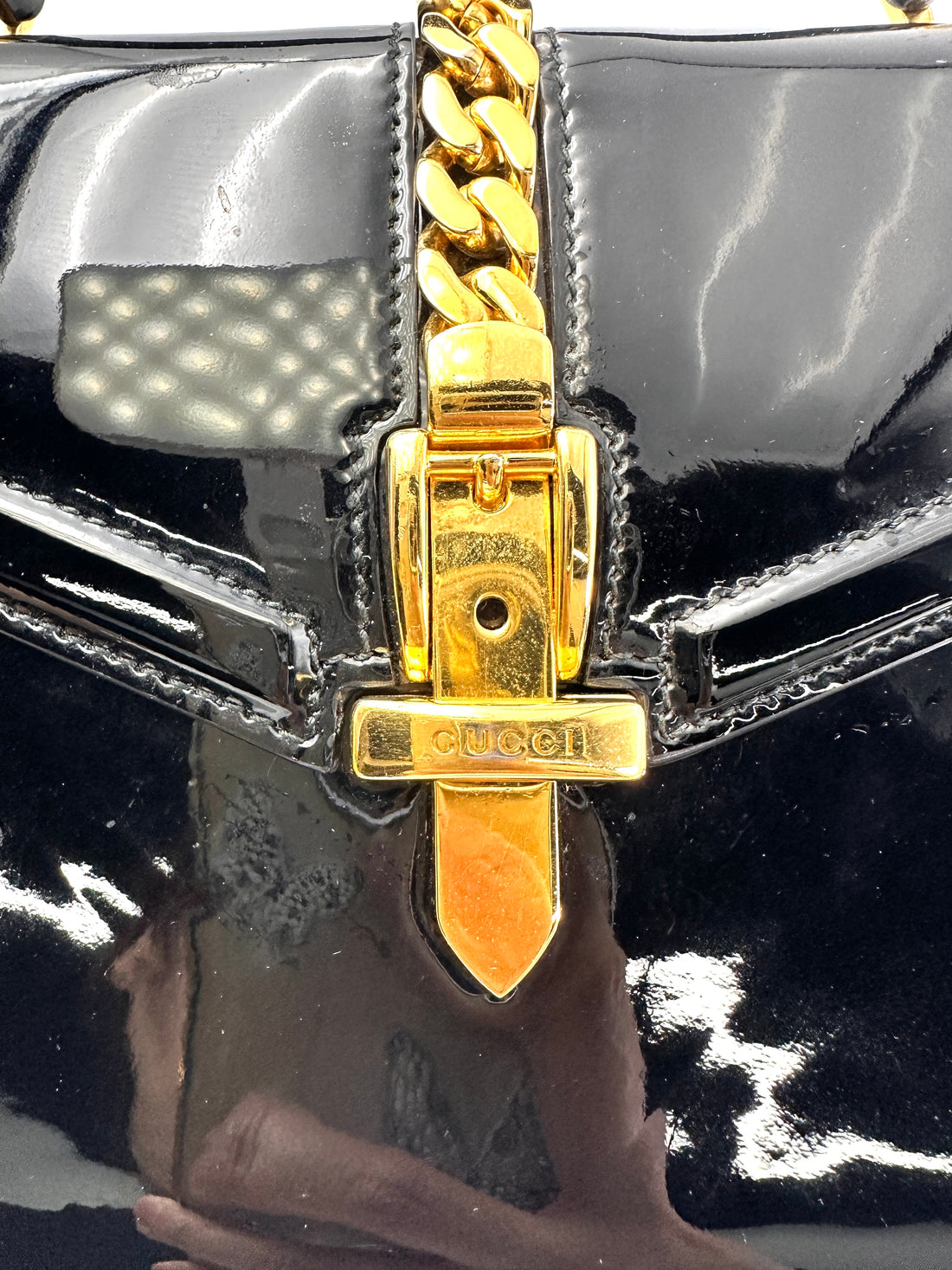 Gucci Sylvie 1969 Black Patent Leather Handle Bag GG988