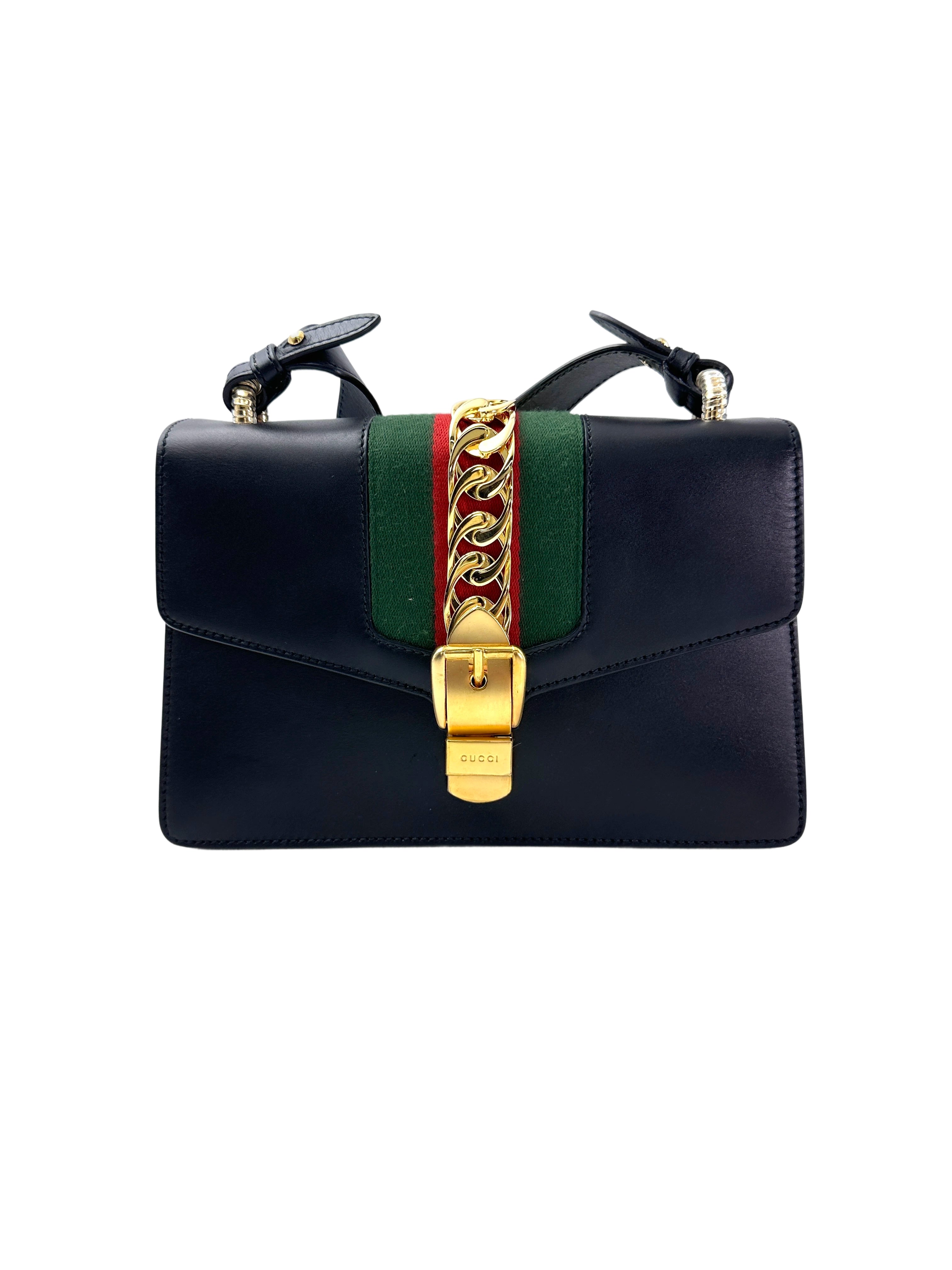Gucci Sylvie Black Leather Medium Size Shoulder Bag GG1001