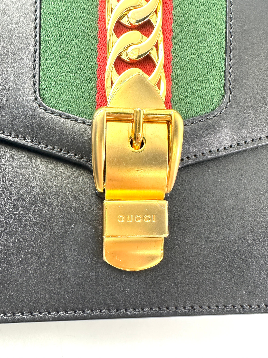 Gucci Sylvie Black Leather Medium Size Shoulder Bag GG1167