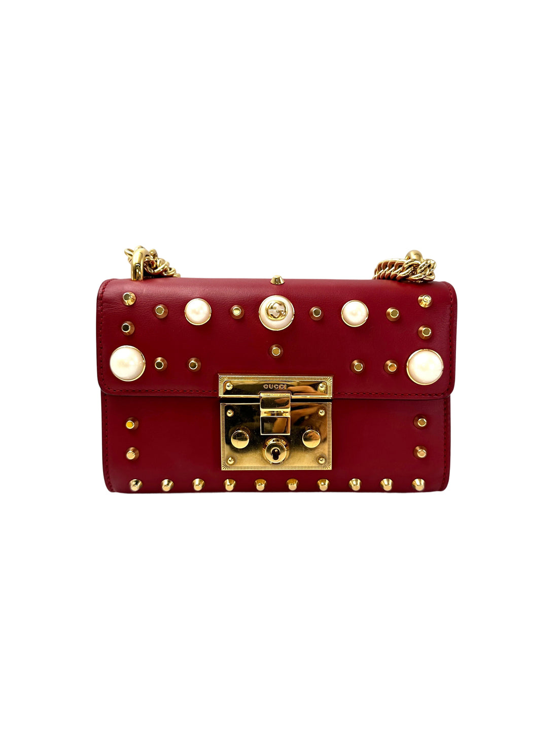 Gucci Padlock Red Pearl Studded Leather Chain Bag With Gold Hardware GG989