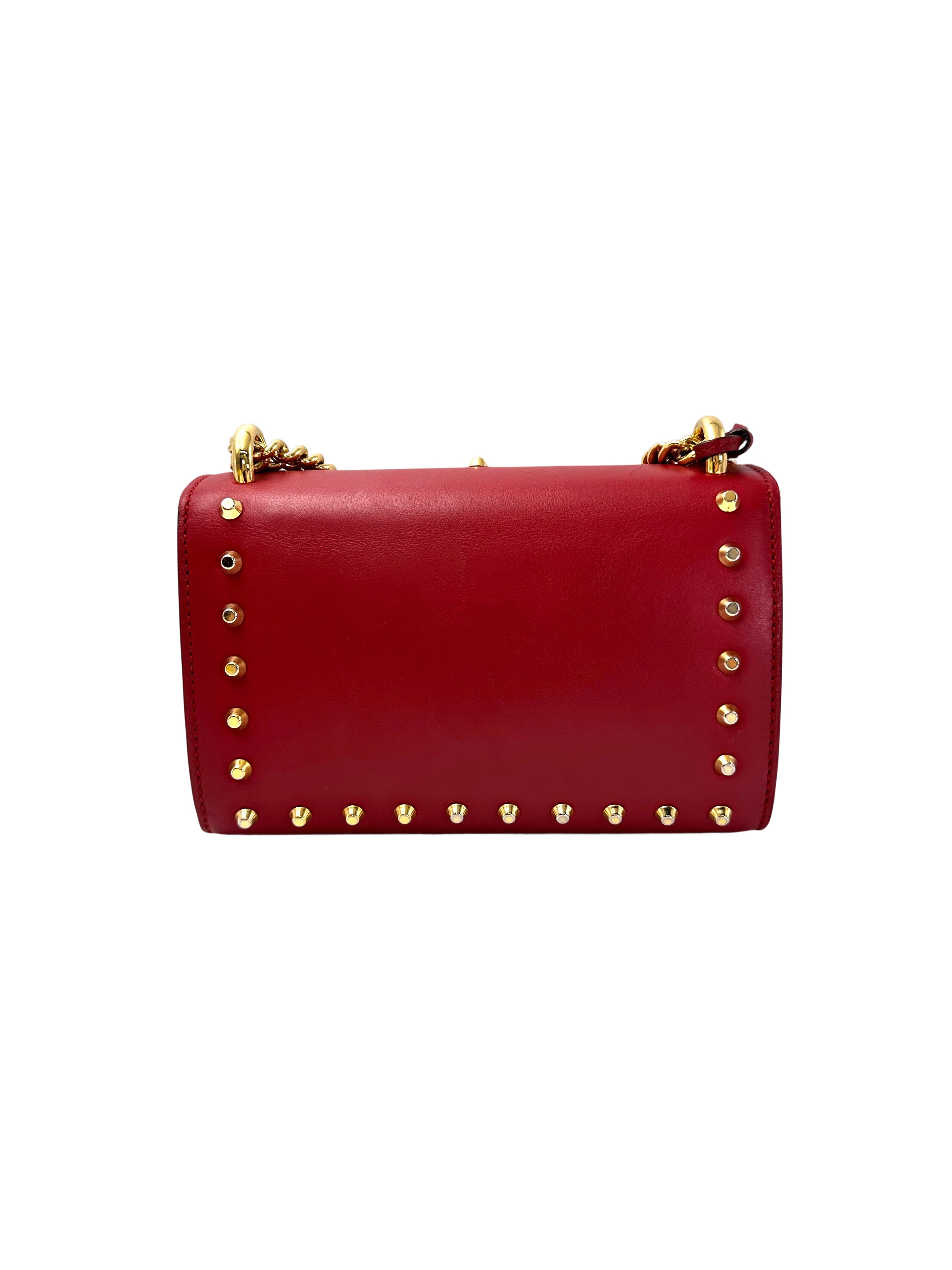 Gucci Padlock Red Pearl Studded Leather Chain Bag With Gold Hardware GG989