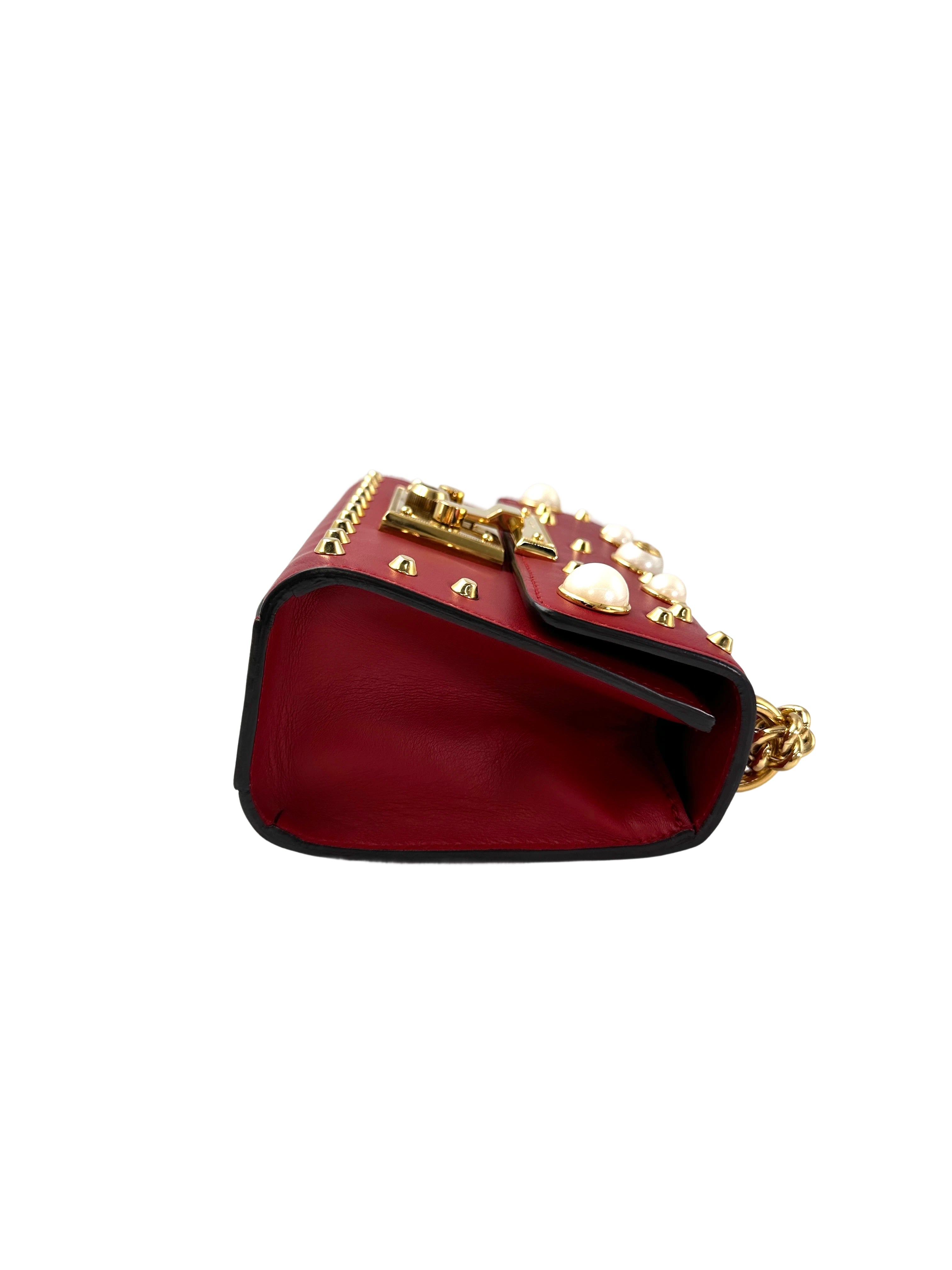 Gucci Padlock Red Pearl Studded Leather Chain Bag With Gold Hardware GG989