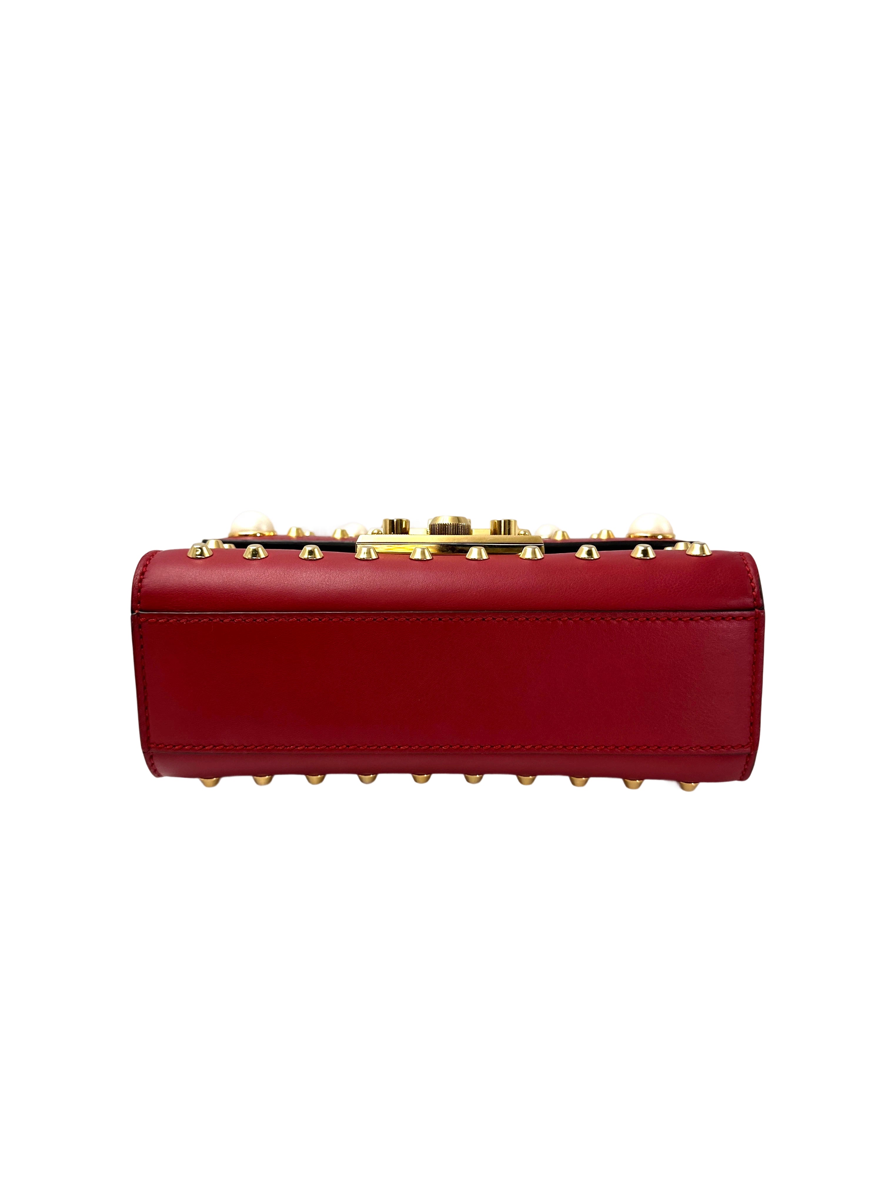 Gucci Padlock Red Pearl Studded Leather Chain Bag With Gold Hardware GG989