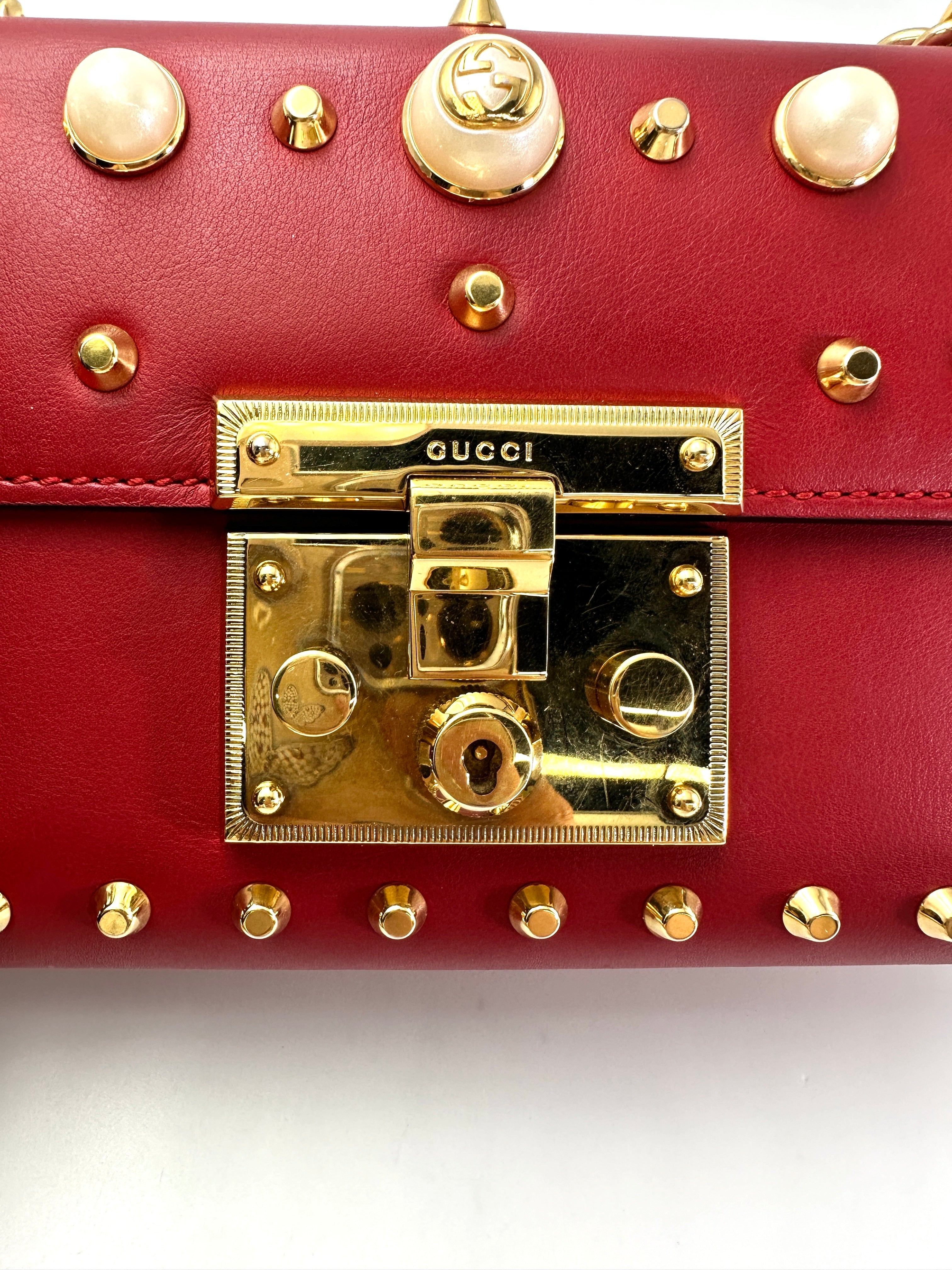 Gucci Padlock Red Pearl Studded Leather Chain Bag With Gold Hardware GG989