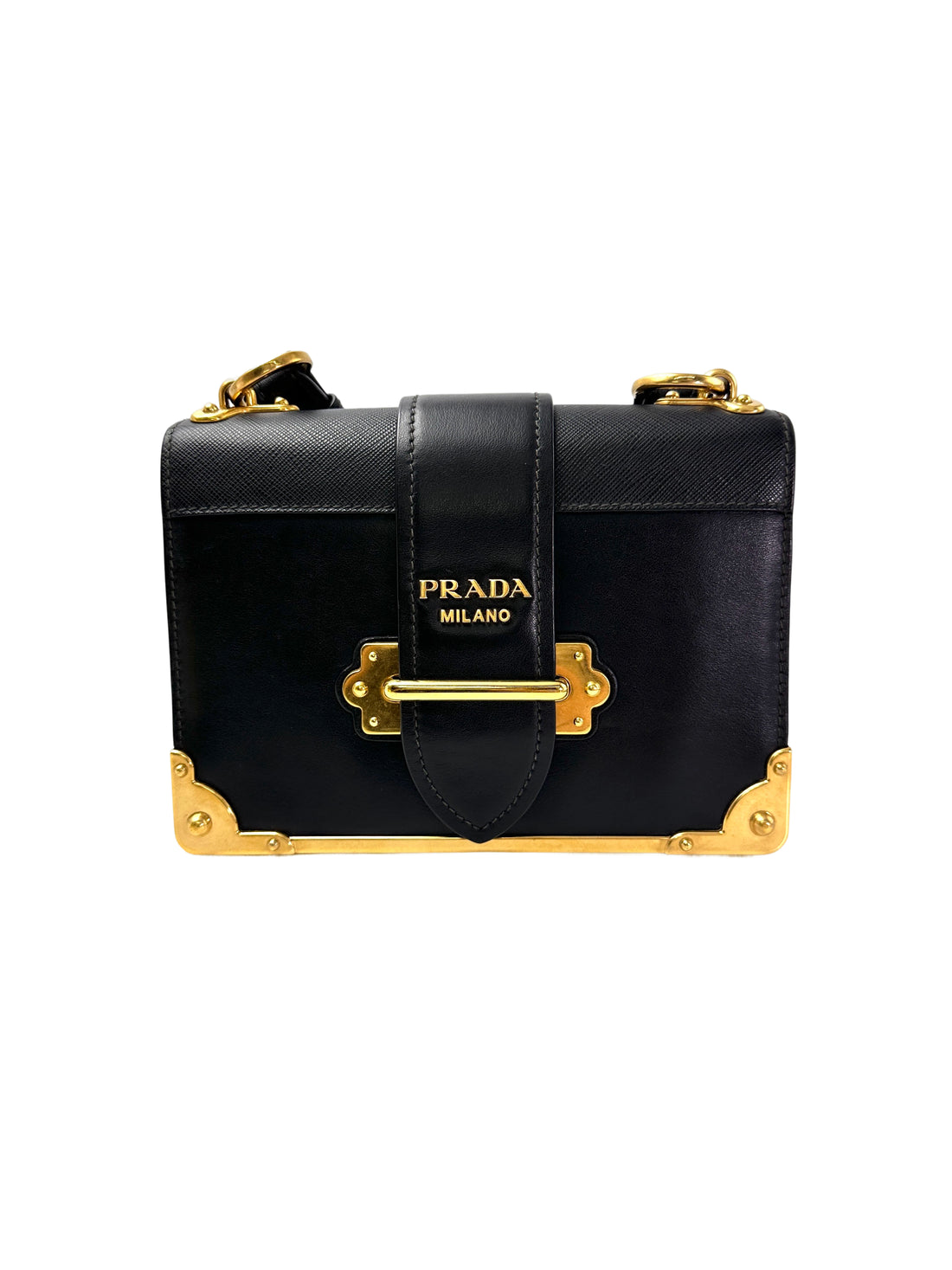 Prada Cahier Black Saffiano Leather Small Size Shoulder Bag With Gold Hardware PR338