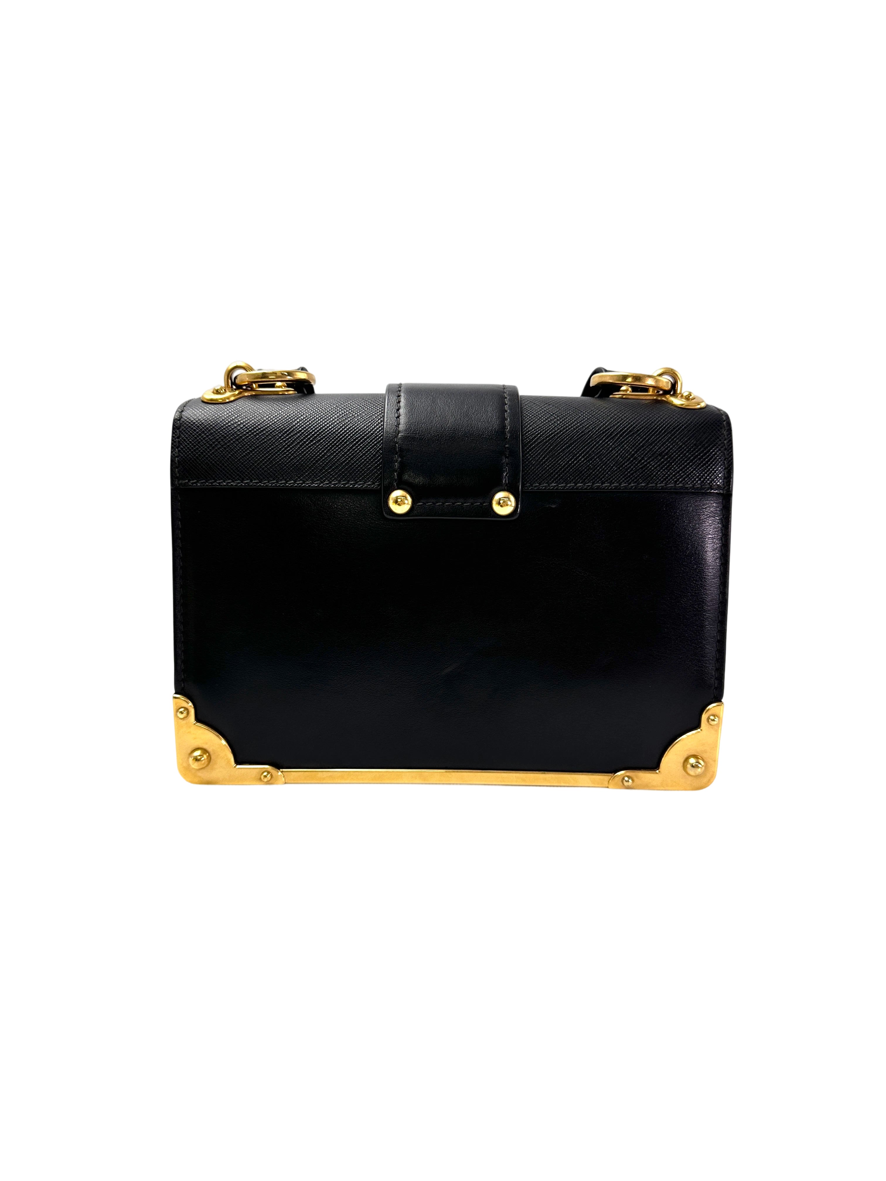 Prada Cahier Black Saffiano Leather Small Size Shoulder Bag With Gold Hardware PR338