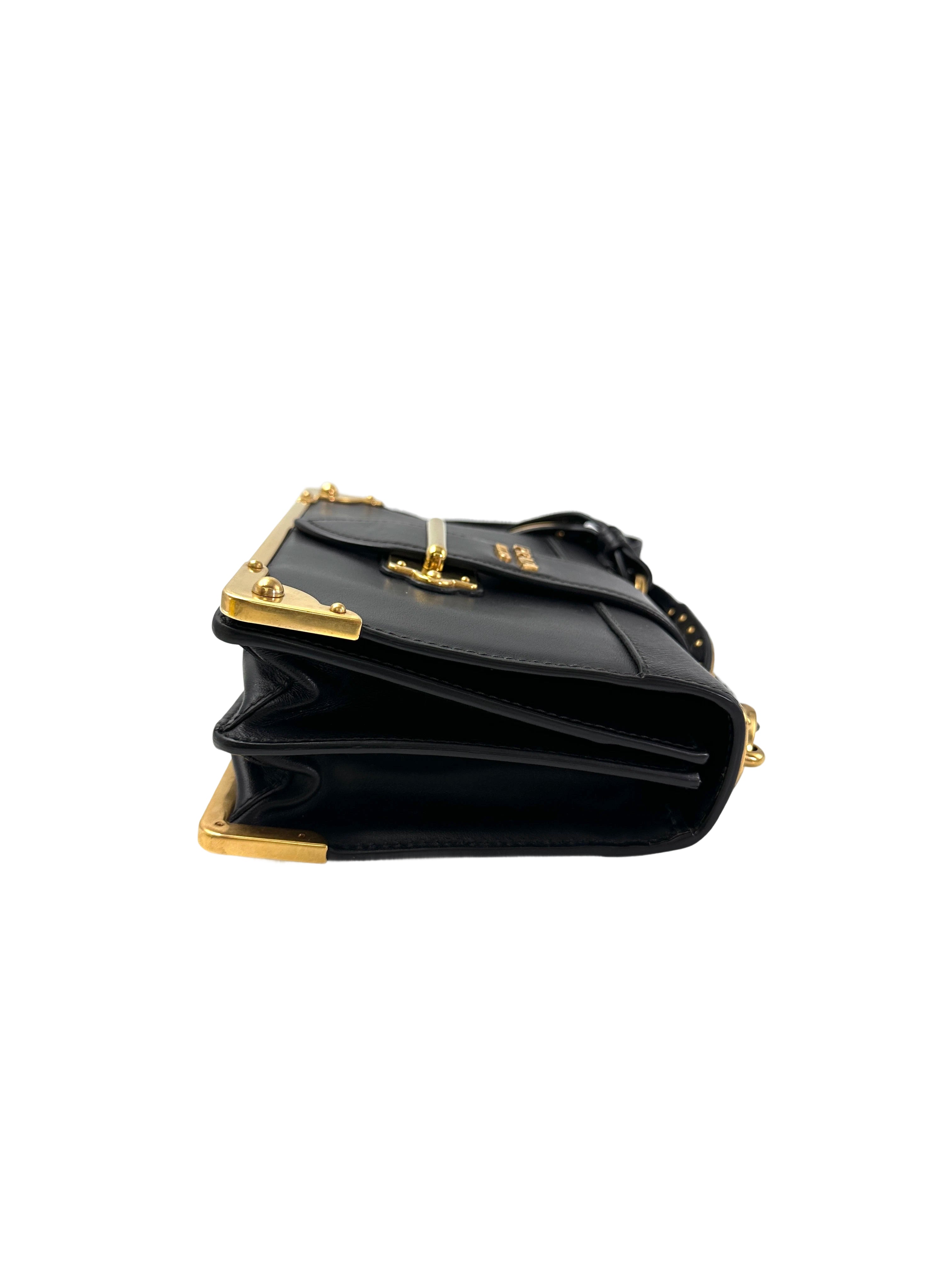 Prada Cahier Black Saffiano Leather Small Size Shoulder Bag With Gold Hardware PR338