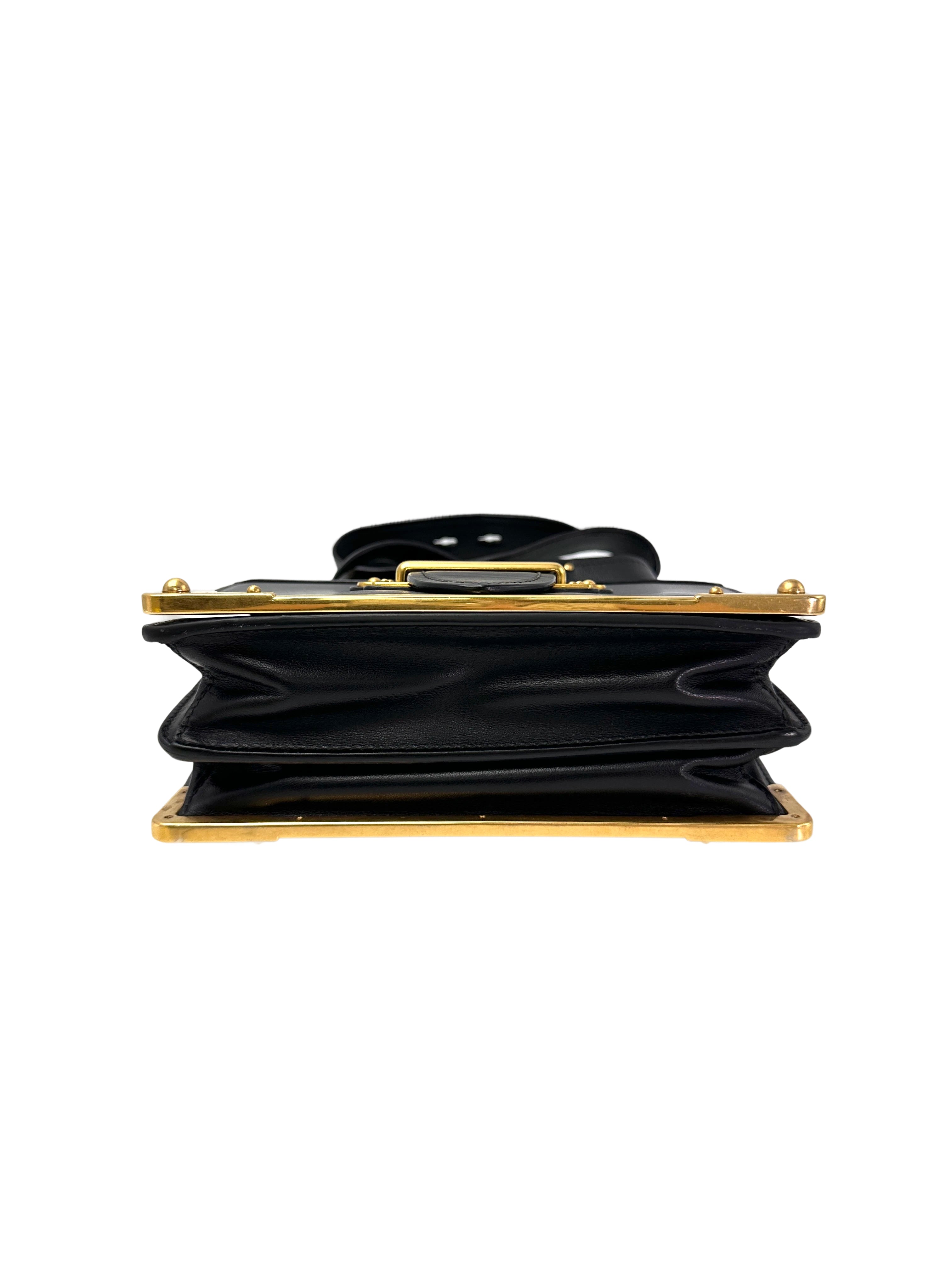 Prada Cahier Black Saffiano Leather Small Size Shoulder Bag With Gold Hardware PR338
