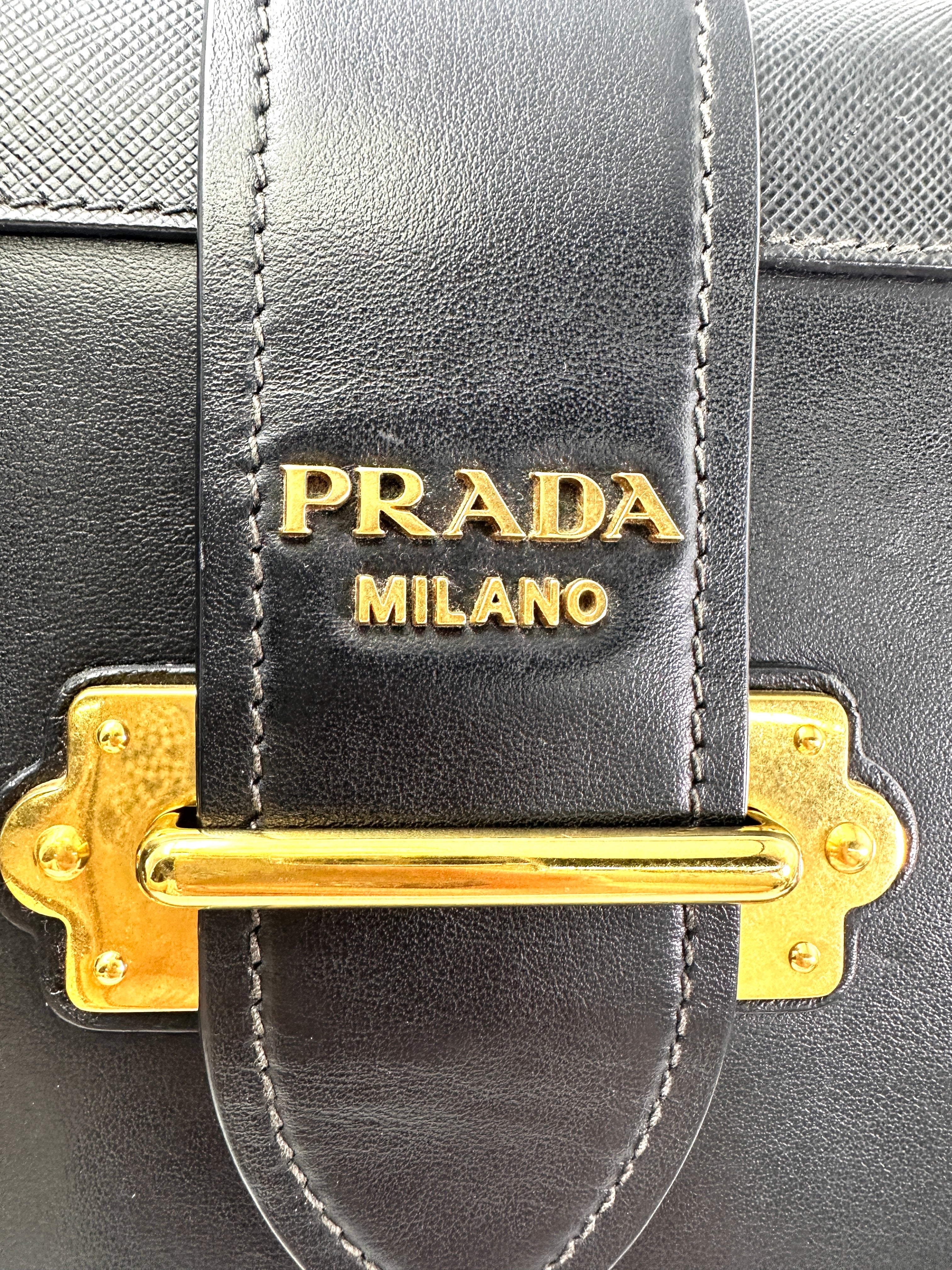 Prada Cahier Black Saffiano Leather Small Size Shoulder Bag With Gold Hardware PR338