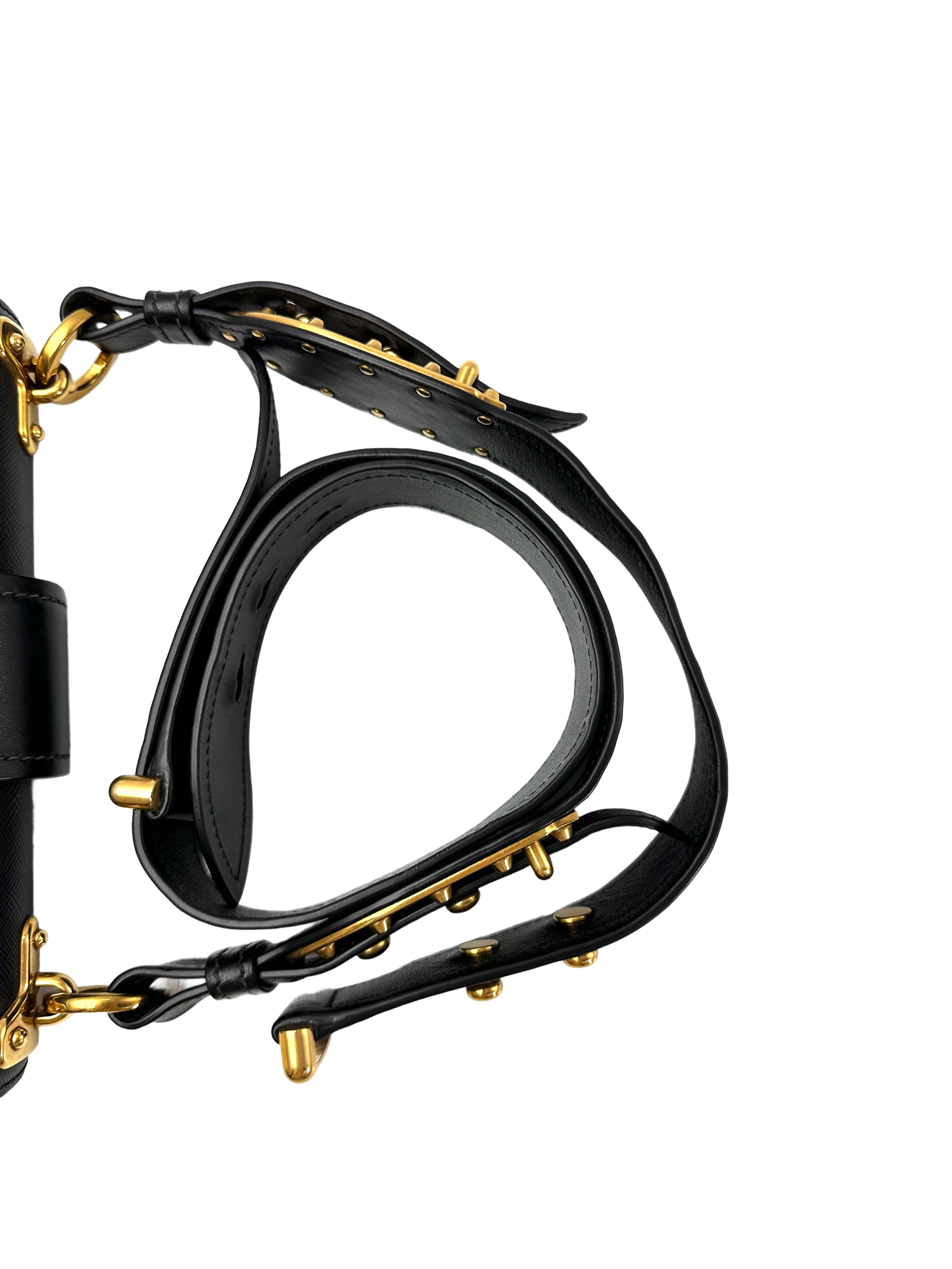 Prada Cahier Black Saffiano Leather Small Size Shoulder Bag With Gold Hardware PR338