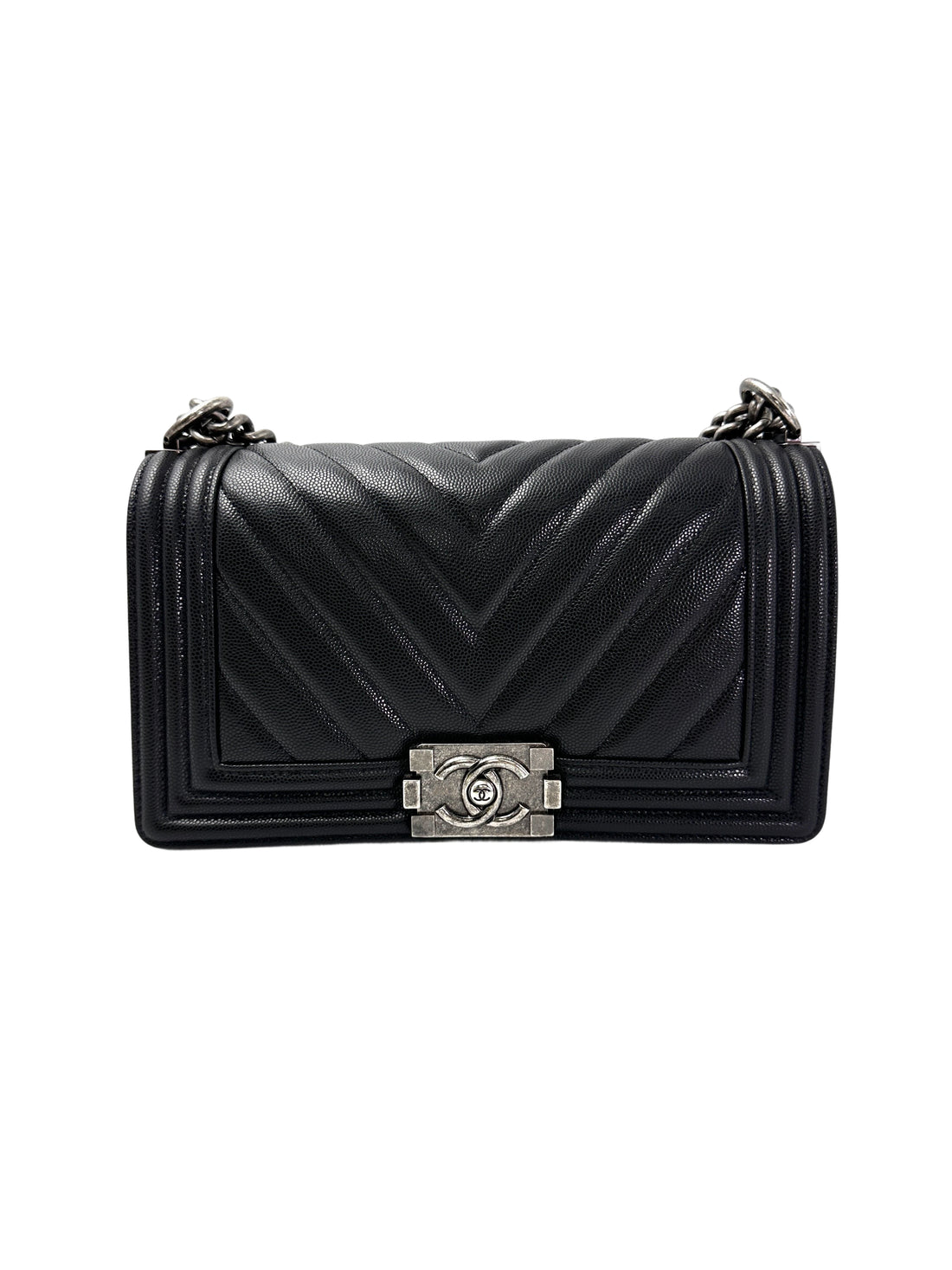 Chanel LeBoy Black Chevron Quilted Leather Flap Bag With Silver Buckle(23***91) CC1966