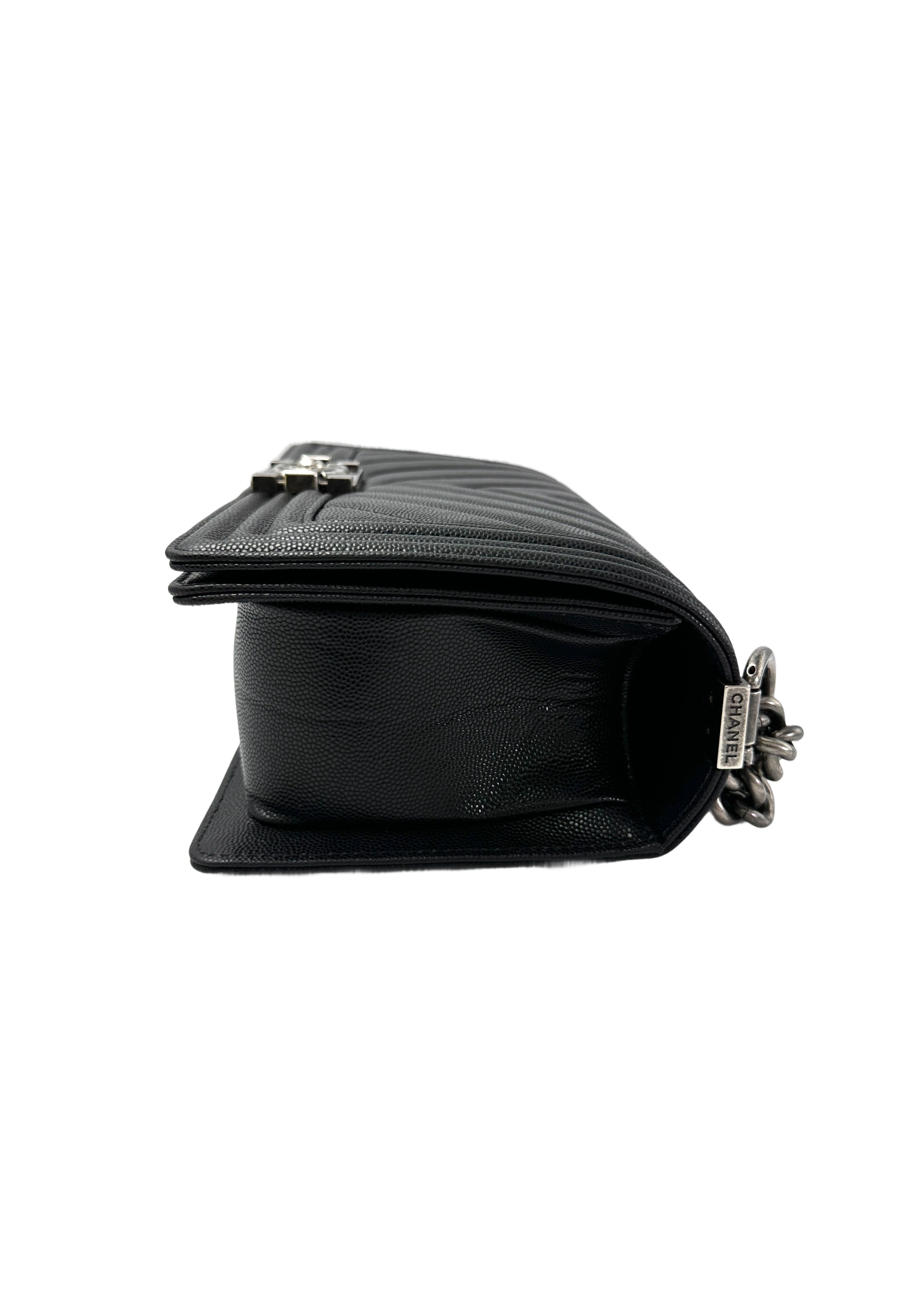 Chanel LeBoy Black Chevron Quilted Leather Flap Bag With Silver Buckle(23***91) CC1966