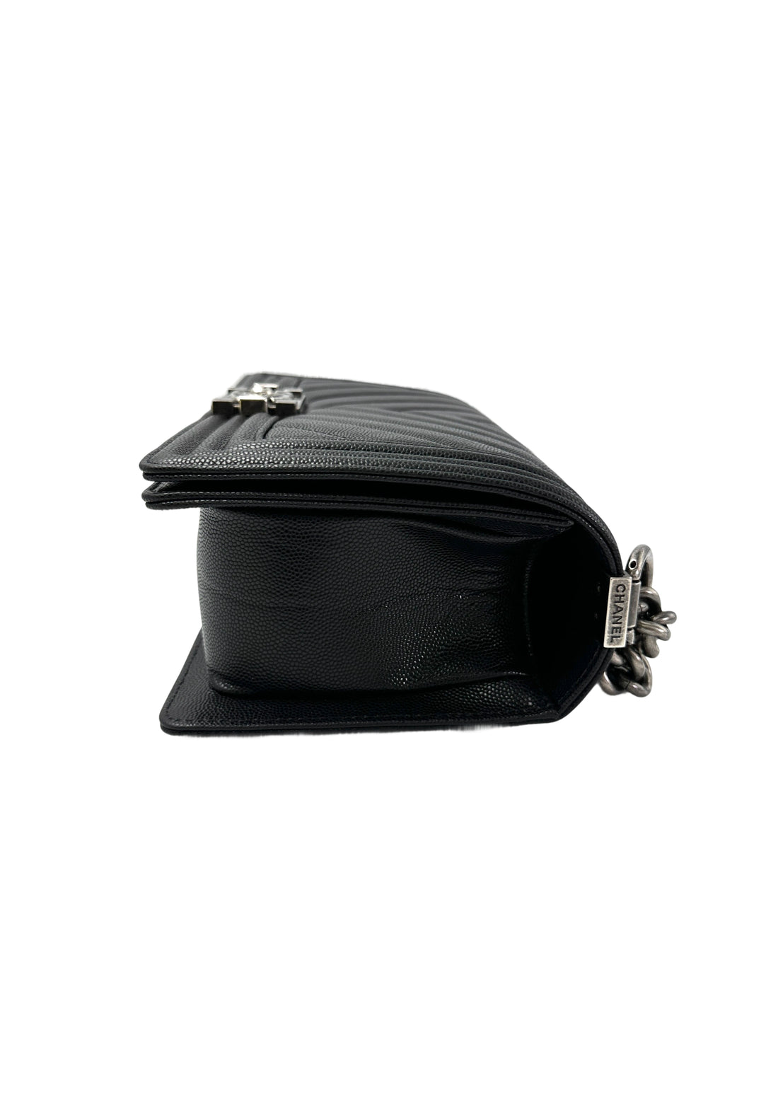 Chanel LeBoy Black Chevron Quilted Leather Flap Bag With Silver Buckle(23***91) CC1966