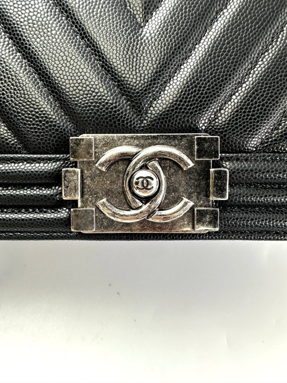 Chanel LeBoy Black Chevron Quilted Leather Flap Bag With Silver Buckle(23***91) CC1966