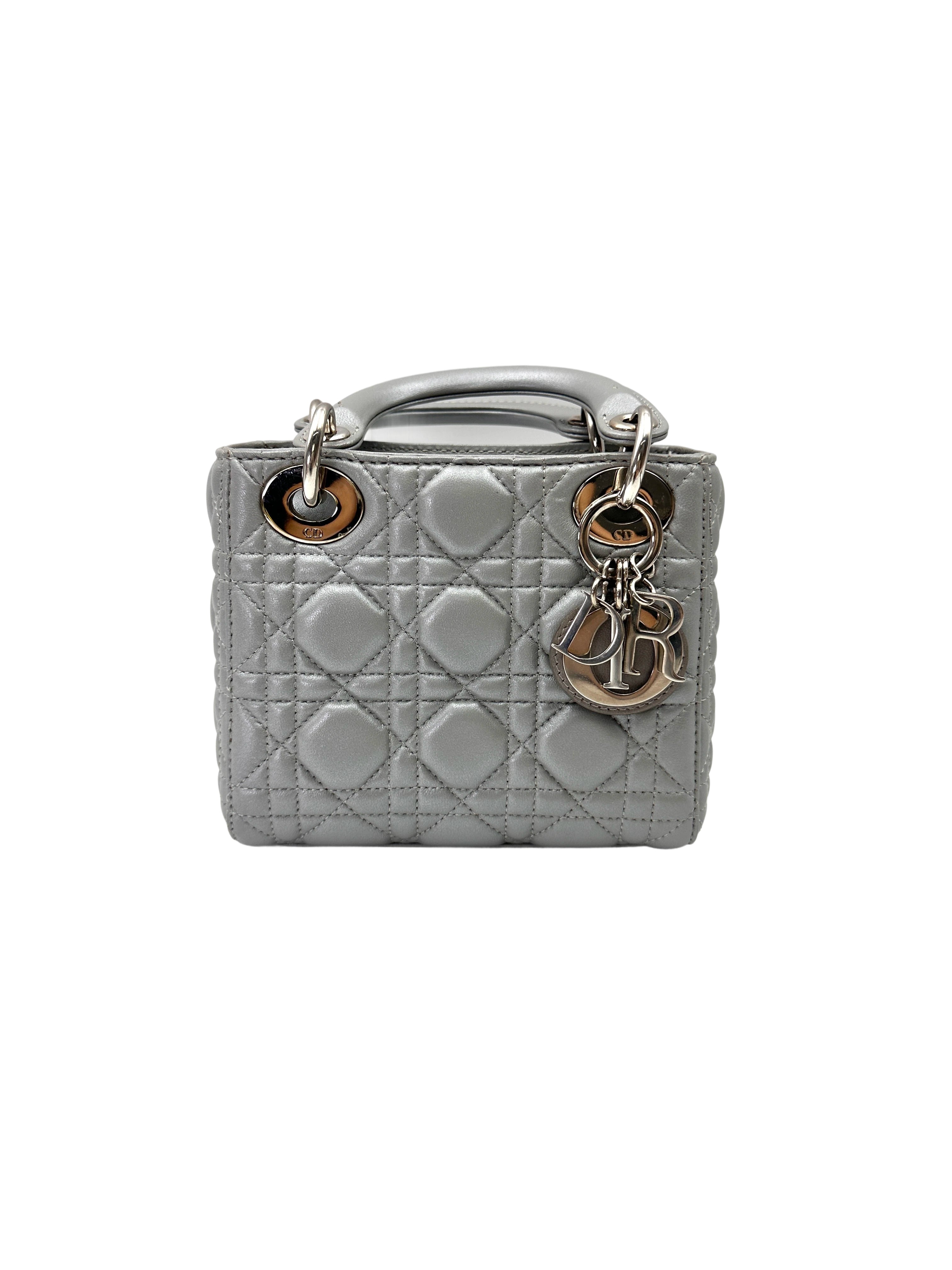 Christian Dior Lady Dior Silver Cannage Leather Handle Bag With Silver Buckle DR733