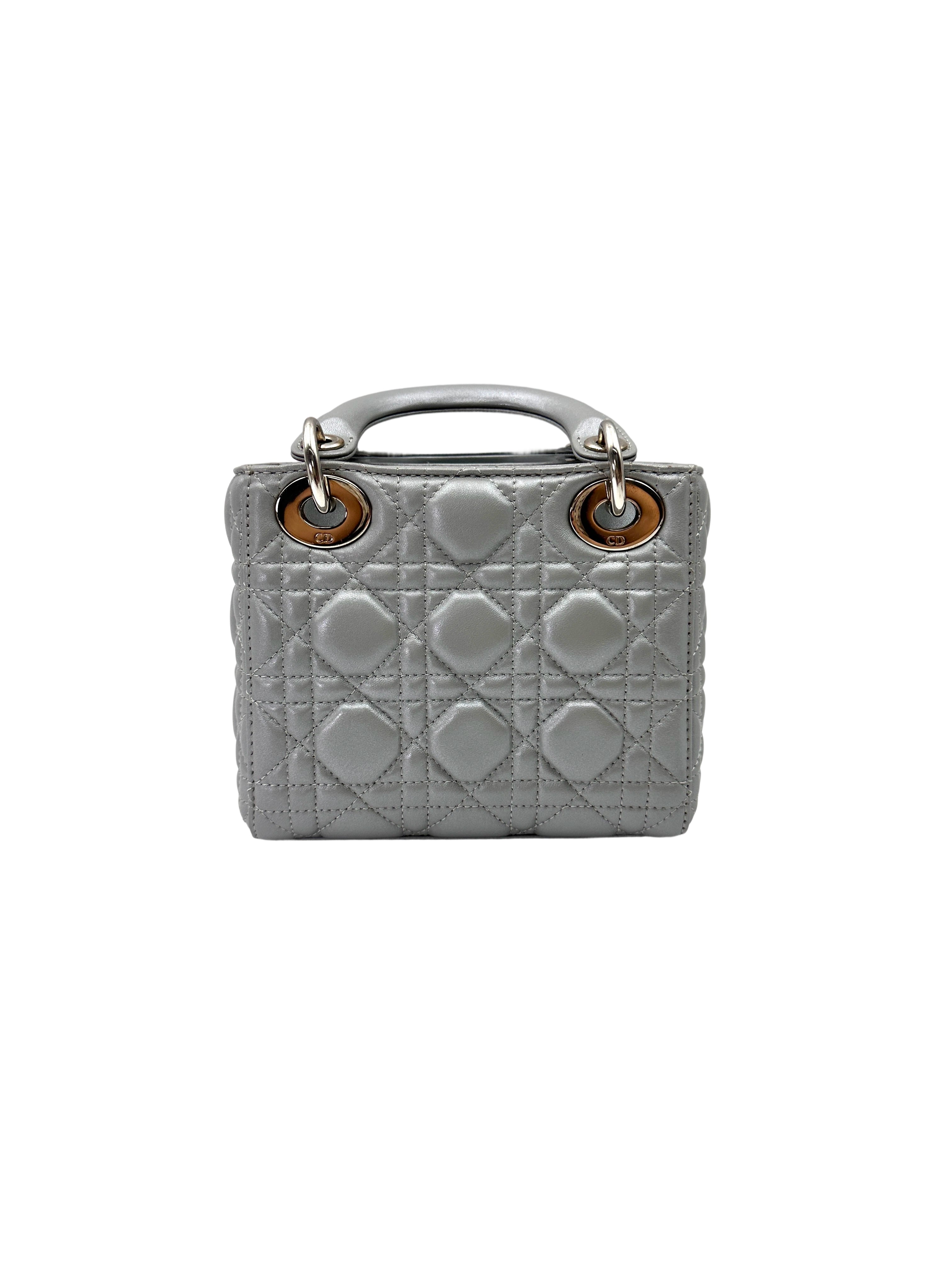 Christian Dior Lady Dior Silver Cannage Leather Handle Bag With Silver Buckle DR733