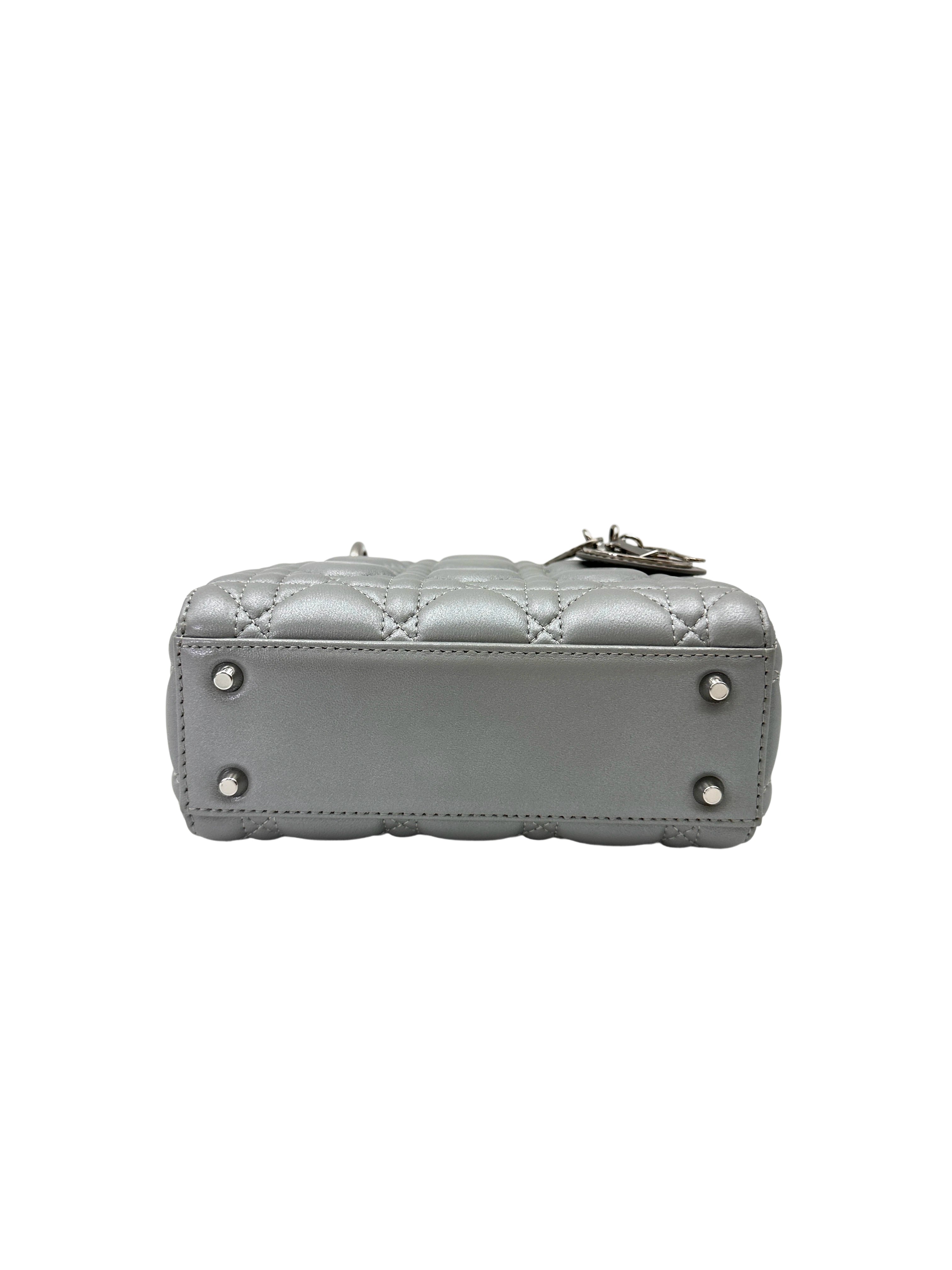 Christian Dior Lady Dior Silver Cannage Leather Handle Bag With Silver Buckle DR733