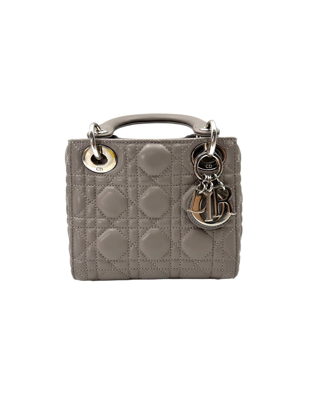 Christian Dior Lady Dior Grey Cannage Lambskin Handle Bag With Silver Buckle DR734
