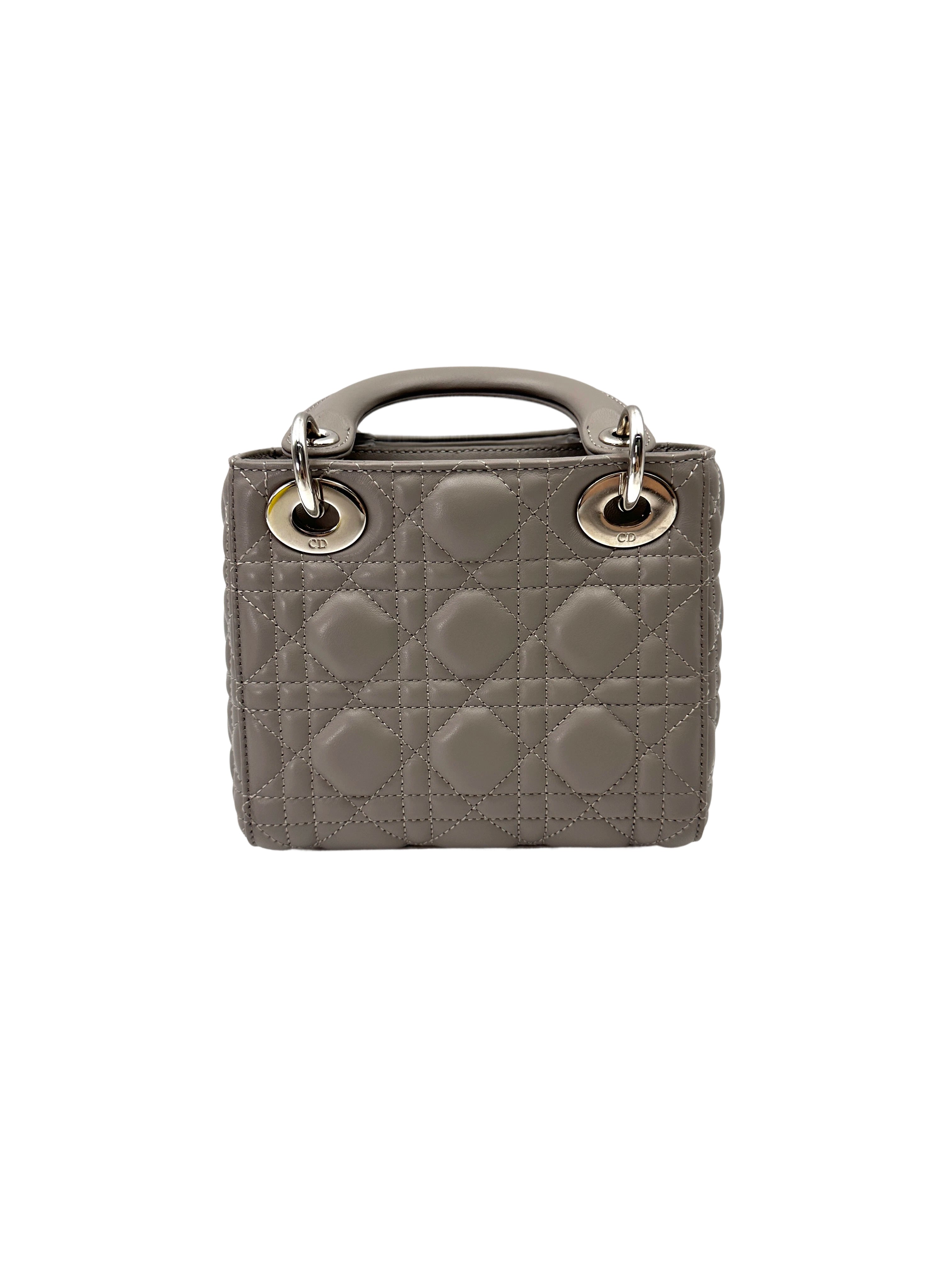Christian Dior Lady Dior Grey Cannage Lambskin Handle Bag With Silver Buckle DR734
