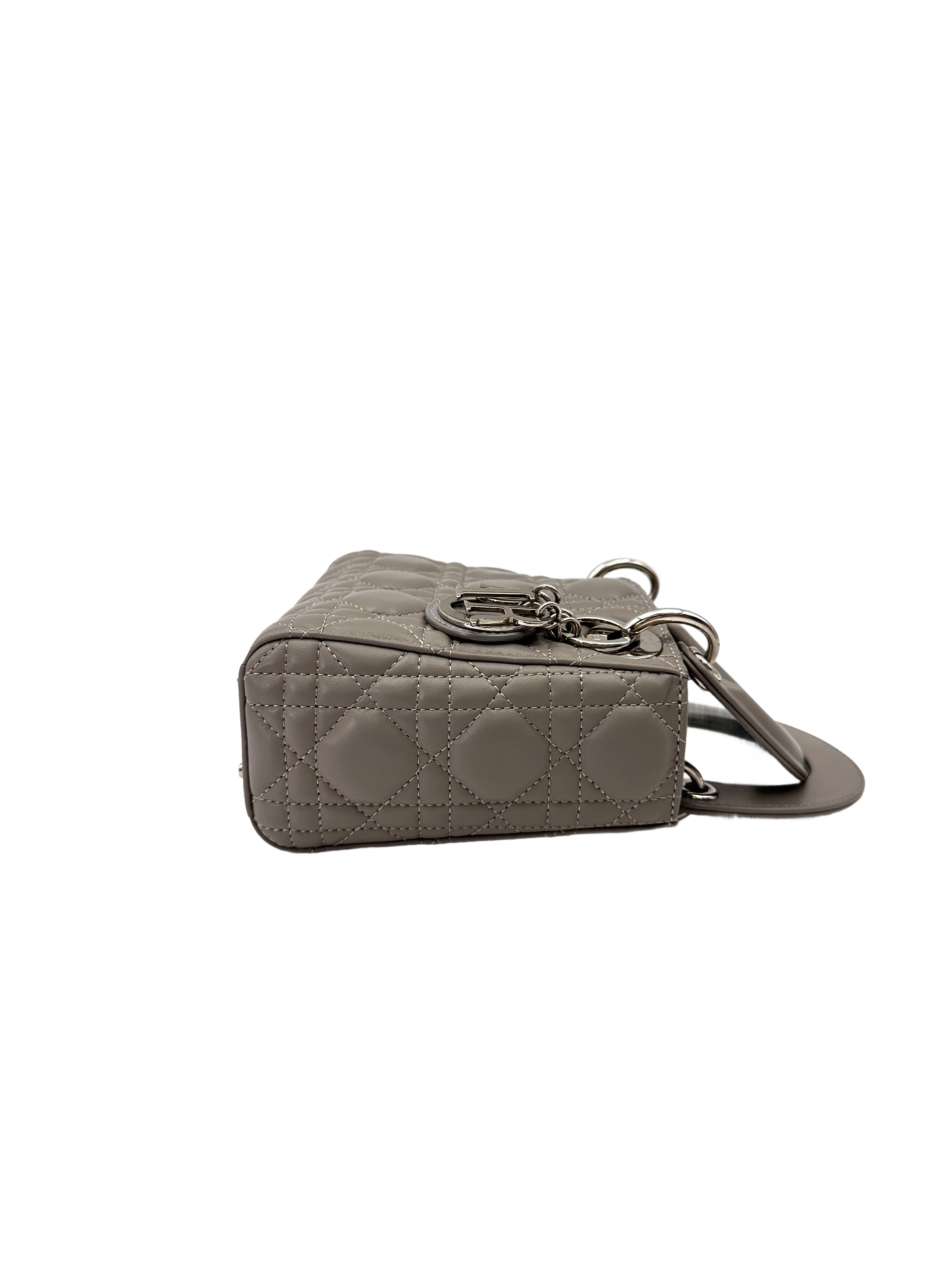 Christian Dior Lady Dior Grey Cannage Lambskin Handle Bag With Silver Buckle DR734