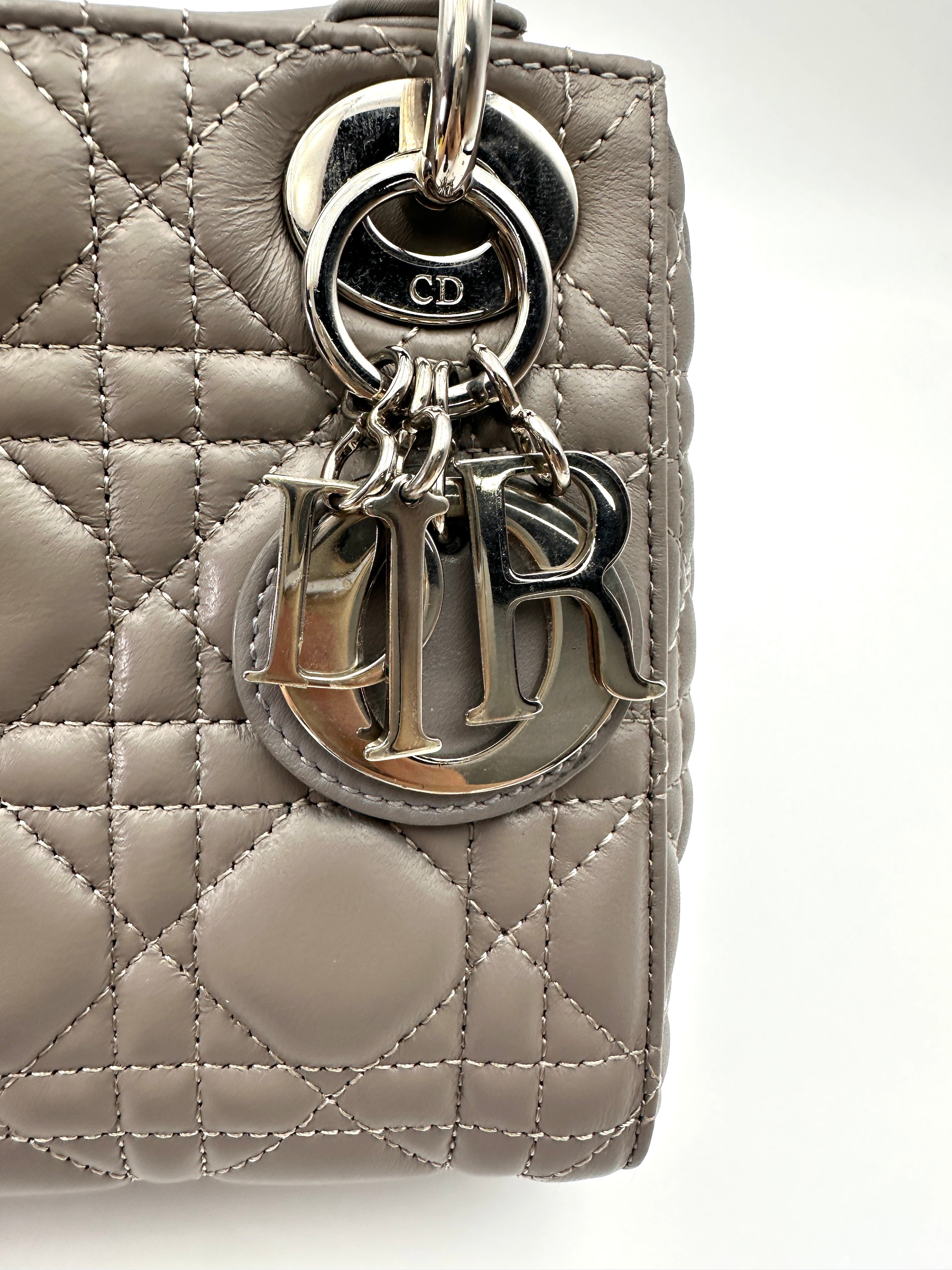 Christian Dior Lady Dior Grey Cannage Lambskin Handle Bag With Silver Buckle DR734