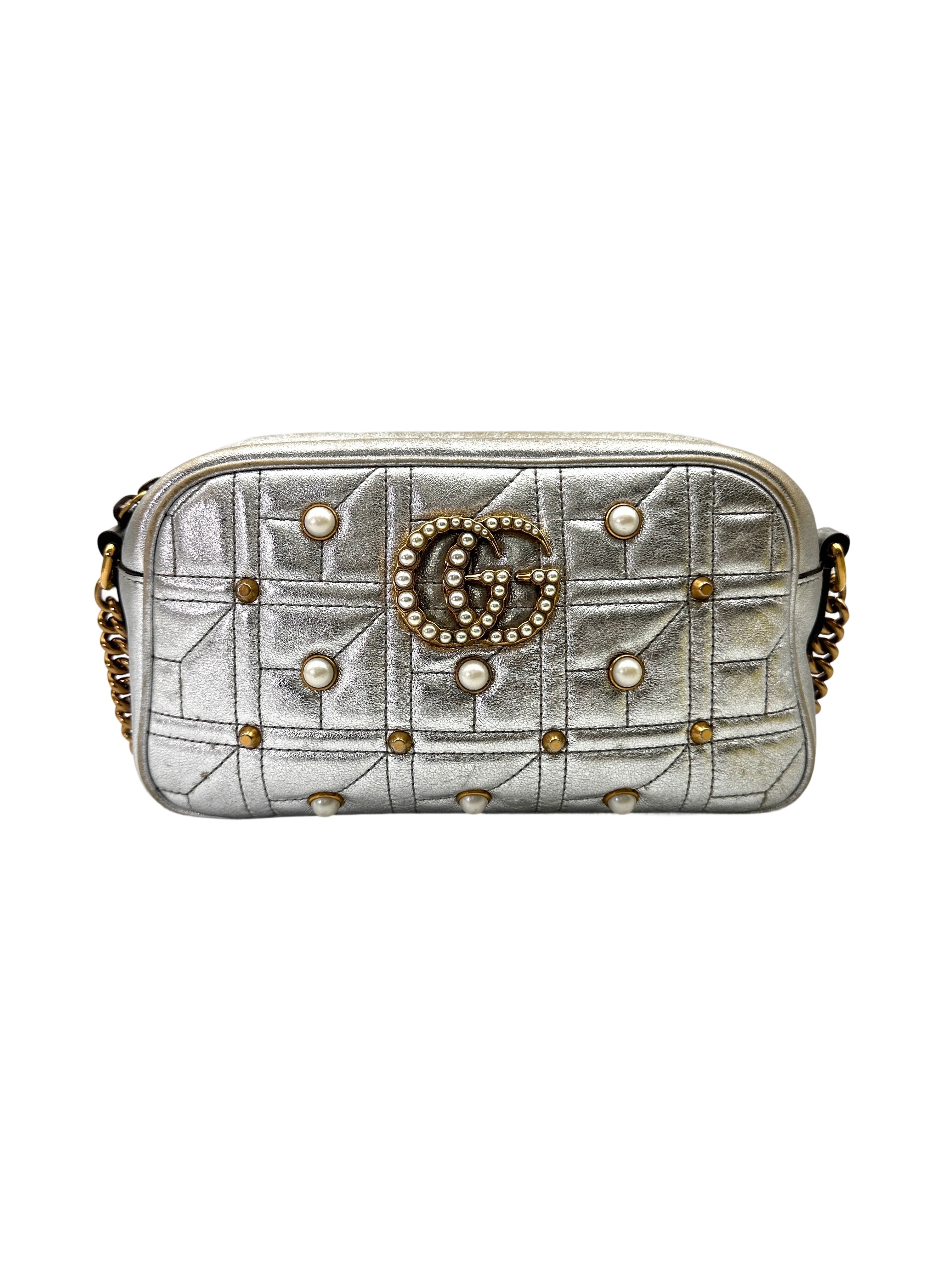 Gucci GG Marmont Silver Pearl Studded Leather Camera Bag GG993