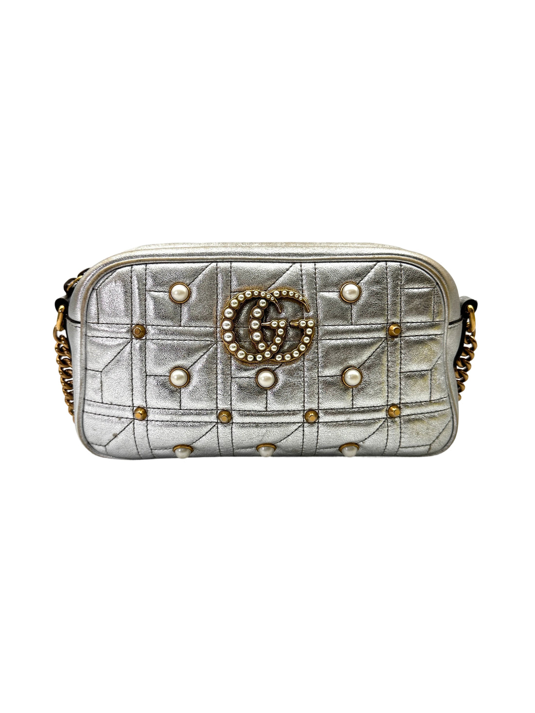 Gucci GG Marmont Silver Pearl Studded Leather Camera Bag GG993