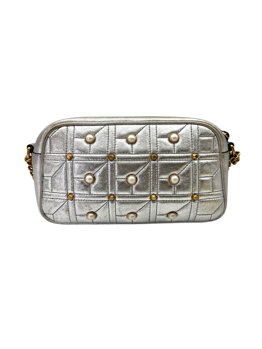 Gucci GG Marmont Silver Pearl Studded Leather Camera Bag GG993