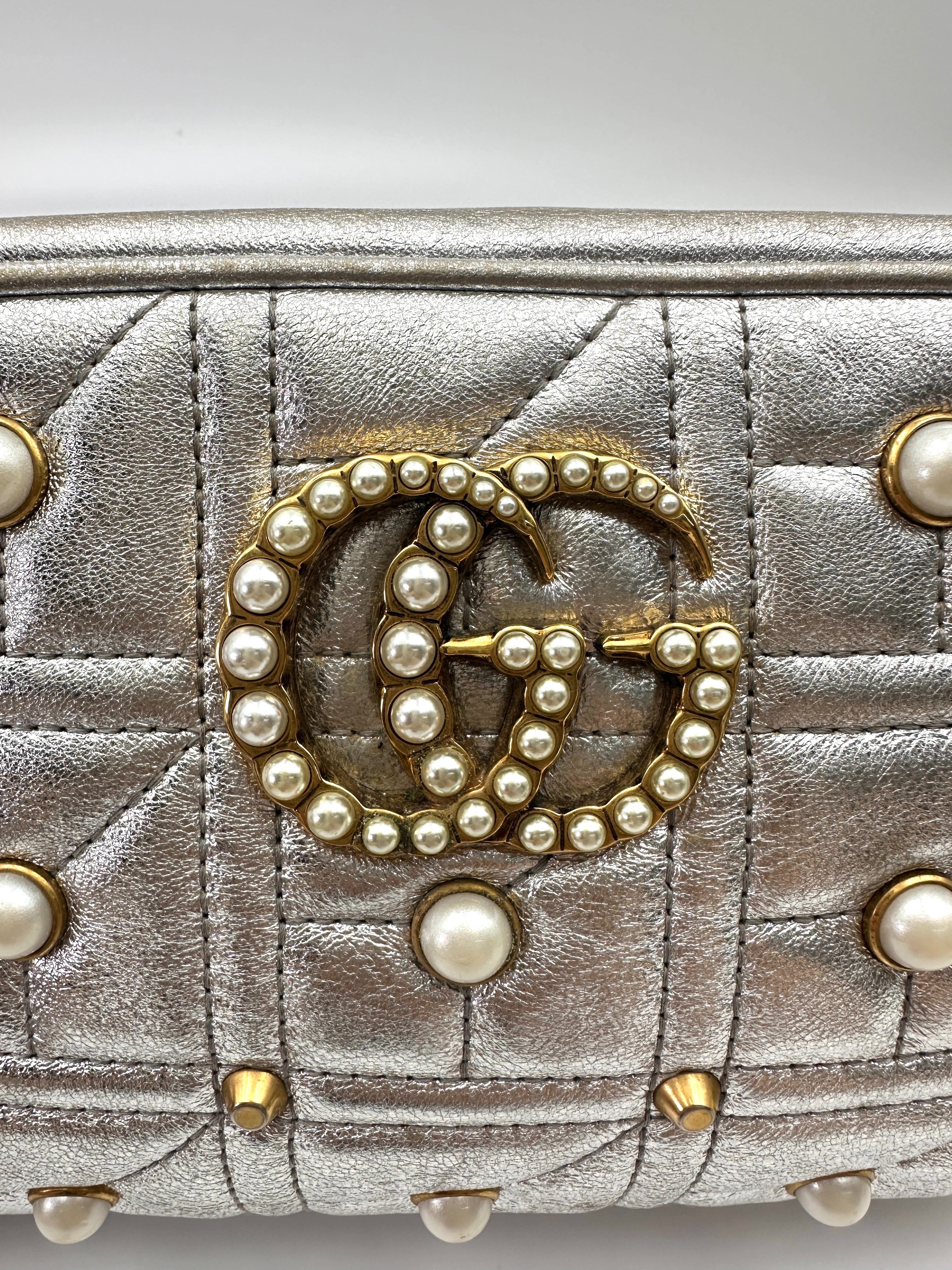 Gucci GG Marmont Silver Pearl Studded Leather Camera Bag GG993