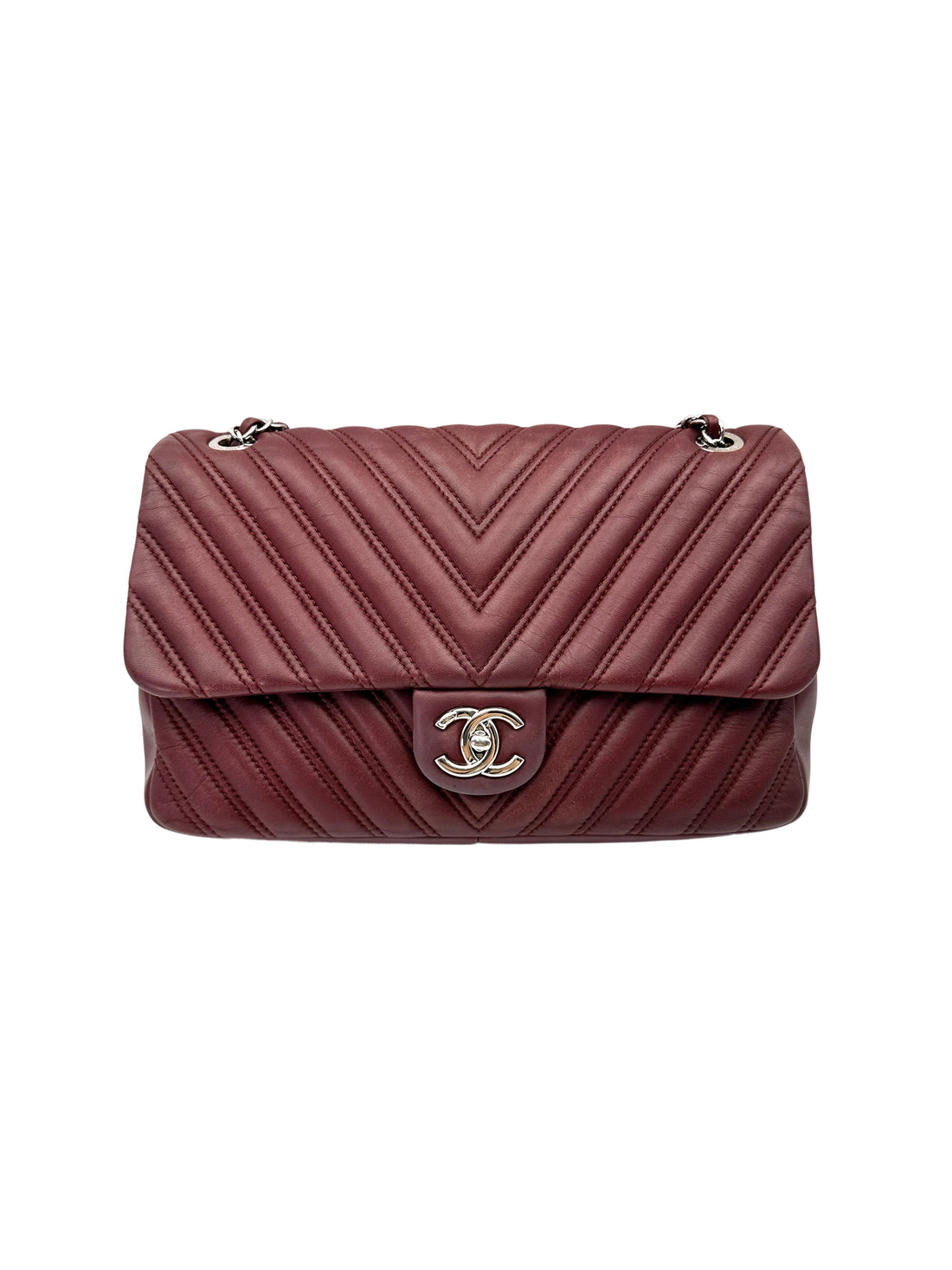 Chanel Classic Flap Red Chevron Quilted Lambskin Shoulder Bag With Silver Buckle(21***54) CC1969